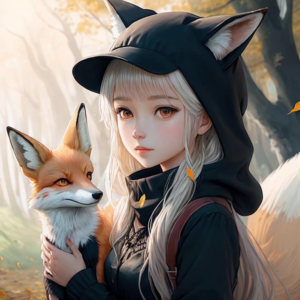 A girl in a black dress and a fox hat, An anime work drawn by Kisu, pixiv contest winner, rayonism, made of leaves, soft mist,