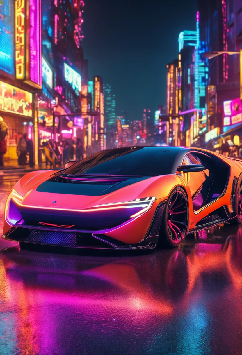 Ominous futuristic car, Wet reflective pavement, iridescent paint, highly detailed rims, glowing rims, View from the front, Futuristic city background, prime time, [Cyberpunk Night City:1.3], 8K DSLR, Sharp, tack sharp, Intricate details, Masterpiece, Golden ratio, Highest quality, hdr, Photorealistic, insane quality, Best quality, Extremely detailed, Highest detail, Highly detailed, Incredibly detailed, Detailed, Realistic, 8K  UHD, High quality
