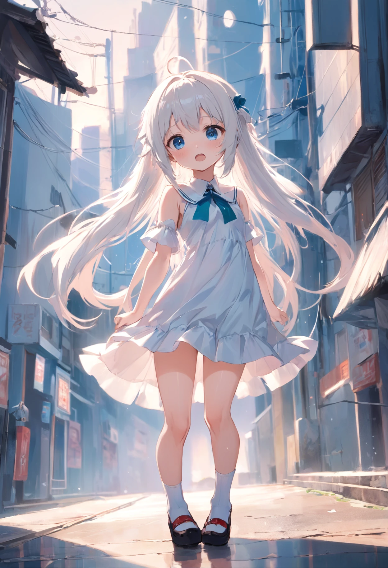 Cute ,long whitr hair,Leaky shoulders,Barefoot,head looking up,shift dresses,white panties,largeeyes,Anime cute face,Lolig white socks,Lift the skirt,Leakage