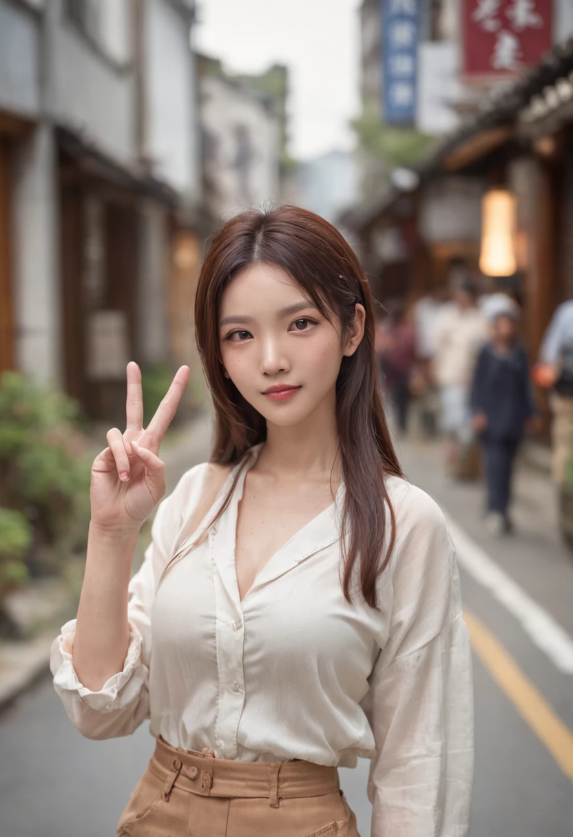 cool lady、japanes、caps、Longhaire、A dark-haired、thin clothes、In the street、tight trousers、very large breast、Questionable smile、Put a peace sign on your cheek、Slouched、Photograph of two women、２People cross their arms、Cross-eyed、sharp eye、