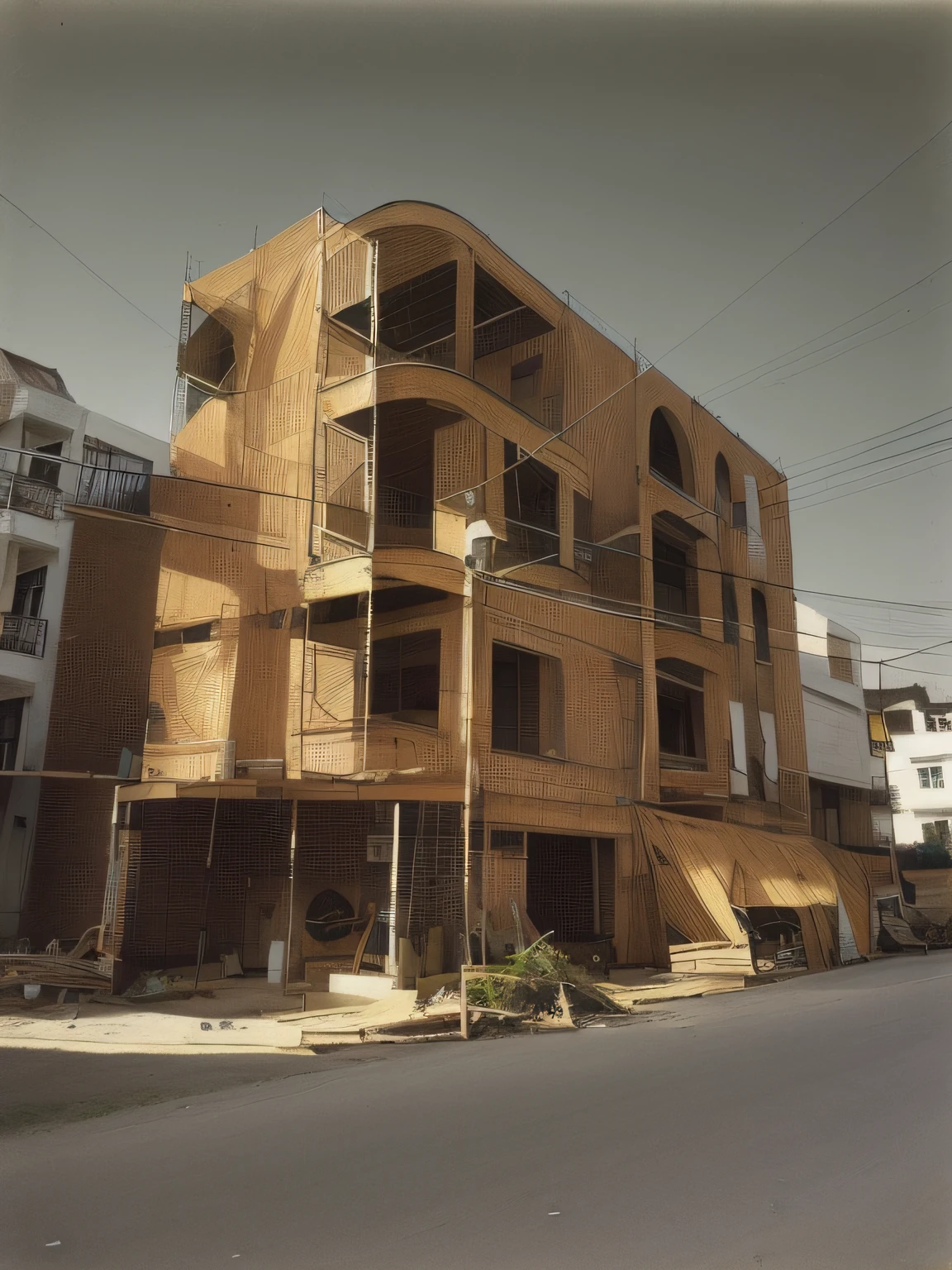 Arafeld architecture，Scaffolding sides，Motorbikes parked in front，Huge shock，building facing，Taken in the early 20s of the 20th century，full building，Front side view，2022 photograph，Single building，Front view，Complete house，up front view，mid view，frontage。