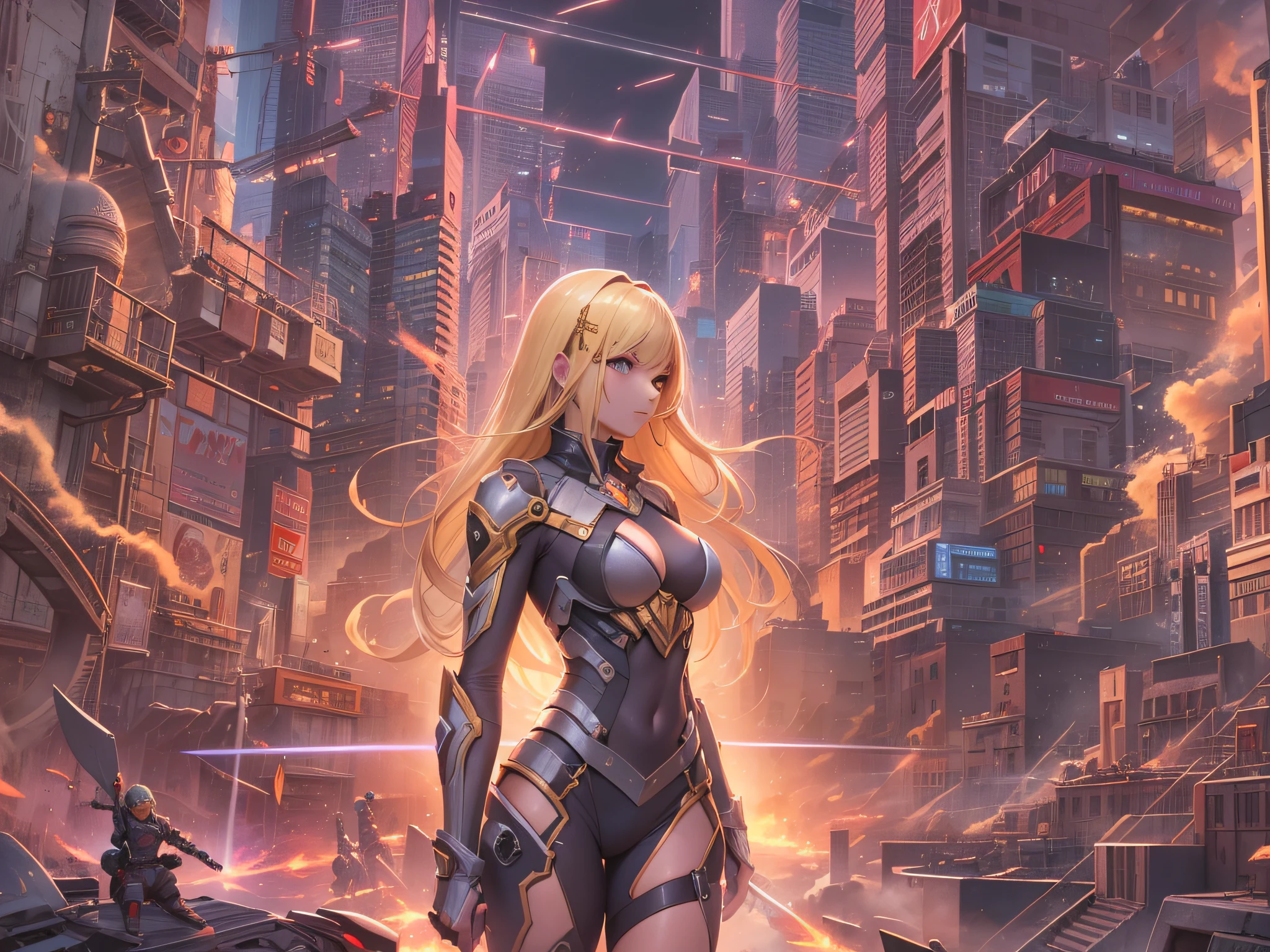 masutepiece,Psychedelic cityscape,Blonde Woman,1 persons,Mechanized person々and cities,Holding a sword in one hand,in fighting,Upper Stage Kick,high-detail,the golden ratio,best composition,best faces,The best body,8k
