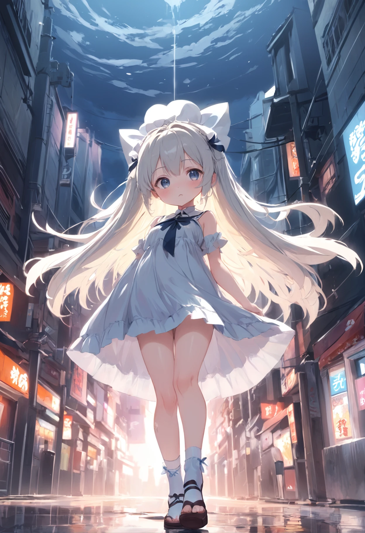 Cute ,long whitr hair,Leaky shoulders,Barefoot,head looking up,shift dresses,white panties,largeeyes,Anime cute face,Lolig white socks,Lift the skirt,Leakage
