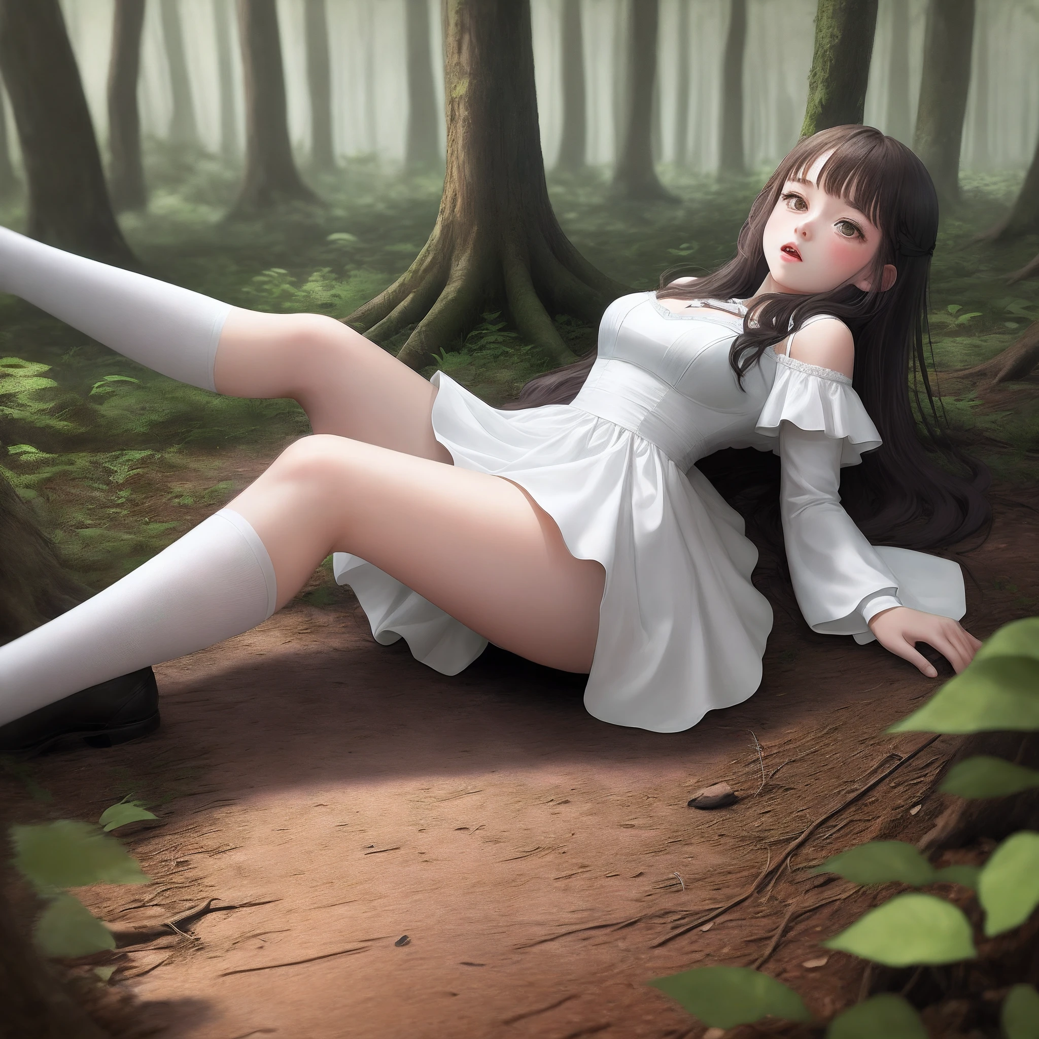 s girl,ln the forest,Collapsed on the ground,The white dress was stained,spread their legs