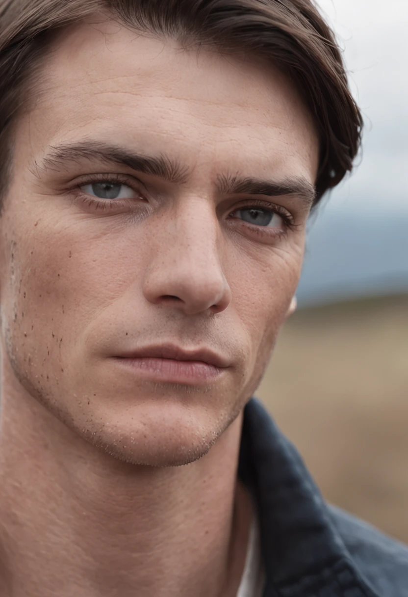 man in the field is dressed for the camera, must have some facial toner on his face or some white ointment under his lower eyelids, masculine, european male, daria Endresen style, kris knight, scottish landscapes, light navy blue and dark brown, georg jensen, intense close-ups, matte photo --ar 132:161 --s 750 --v 5.2