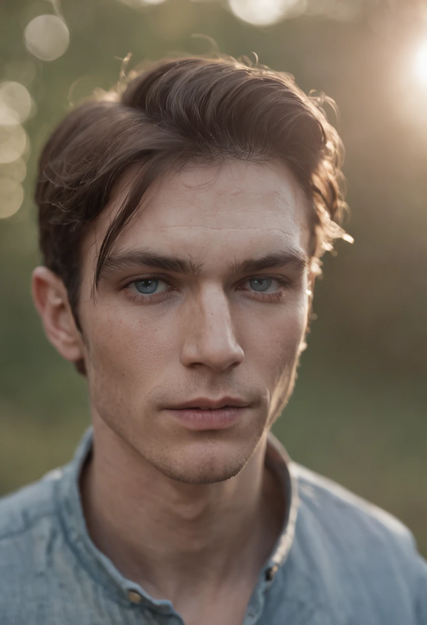 man in the field is dressed for the camera, must have some facial toner on his face or some white ointment under his lower eyelids, masculine, european male, daria Endresen style, kris knight, scottish landscapes, light navy blue and dark brown, georg jensen, intense close-ups, matte photo --ar 132:161 --s 750 --v 5.2