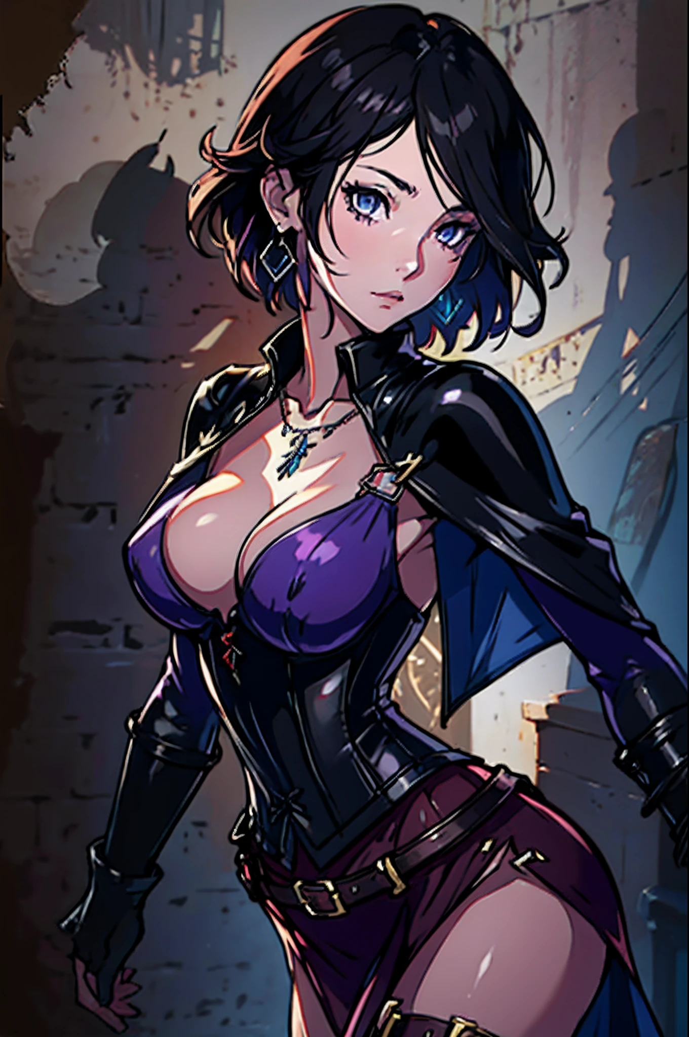 Game Art design, Octopath Traveler 2, 1girl, throne anguis, (solo:1.4), (portrait shoot:1.4), (focus on face:1.4), 1girl, black hair, medium breasts, cleavage, collarbone, corset, purple clothes, dagger, high heel boots, holding dagger, jewelry, knee boots, necklace, poncho short hair, side slit, dynamic pose, extremely detailed face and eyes, absurdes, beautiful shadow and lighting, ambient occlusion, shady back alley background