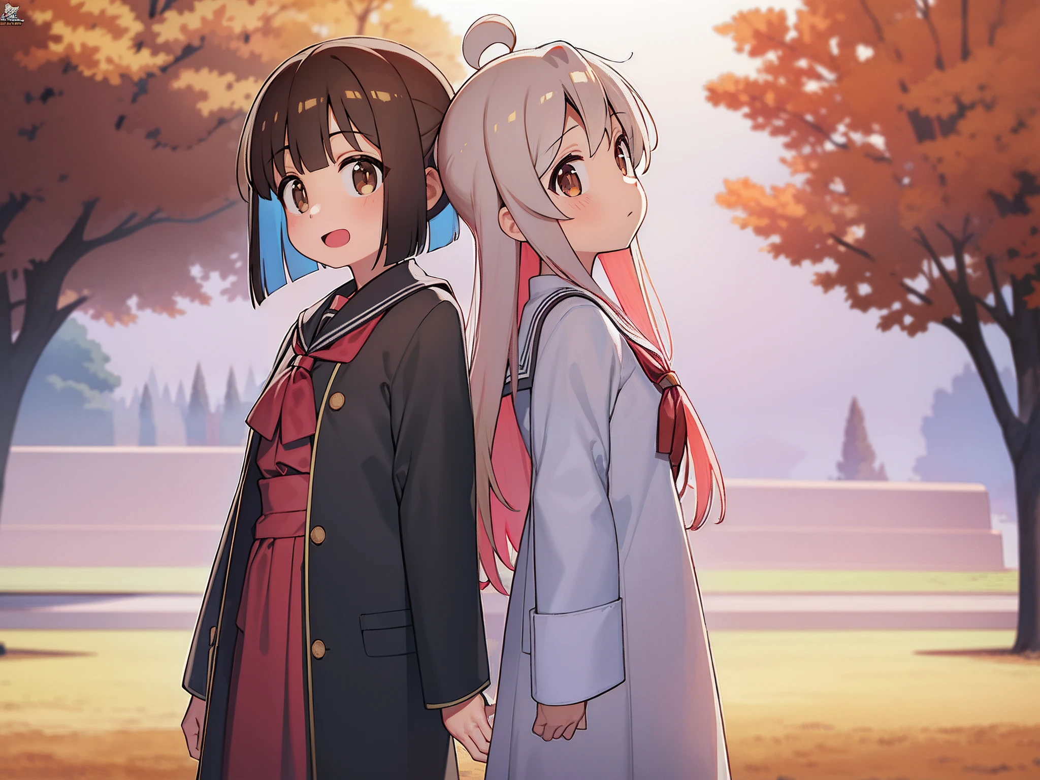 Standing back-to-back,masterpiece, best quality, masterpiece,best quality,official art,extremely detailed CG unity 8k wallpaper, in autumn, 2girls, sailor suite, huge_filesize, oyamamahiro,HozukiMomiji,brown eyes,brown eyes