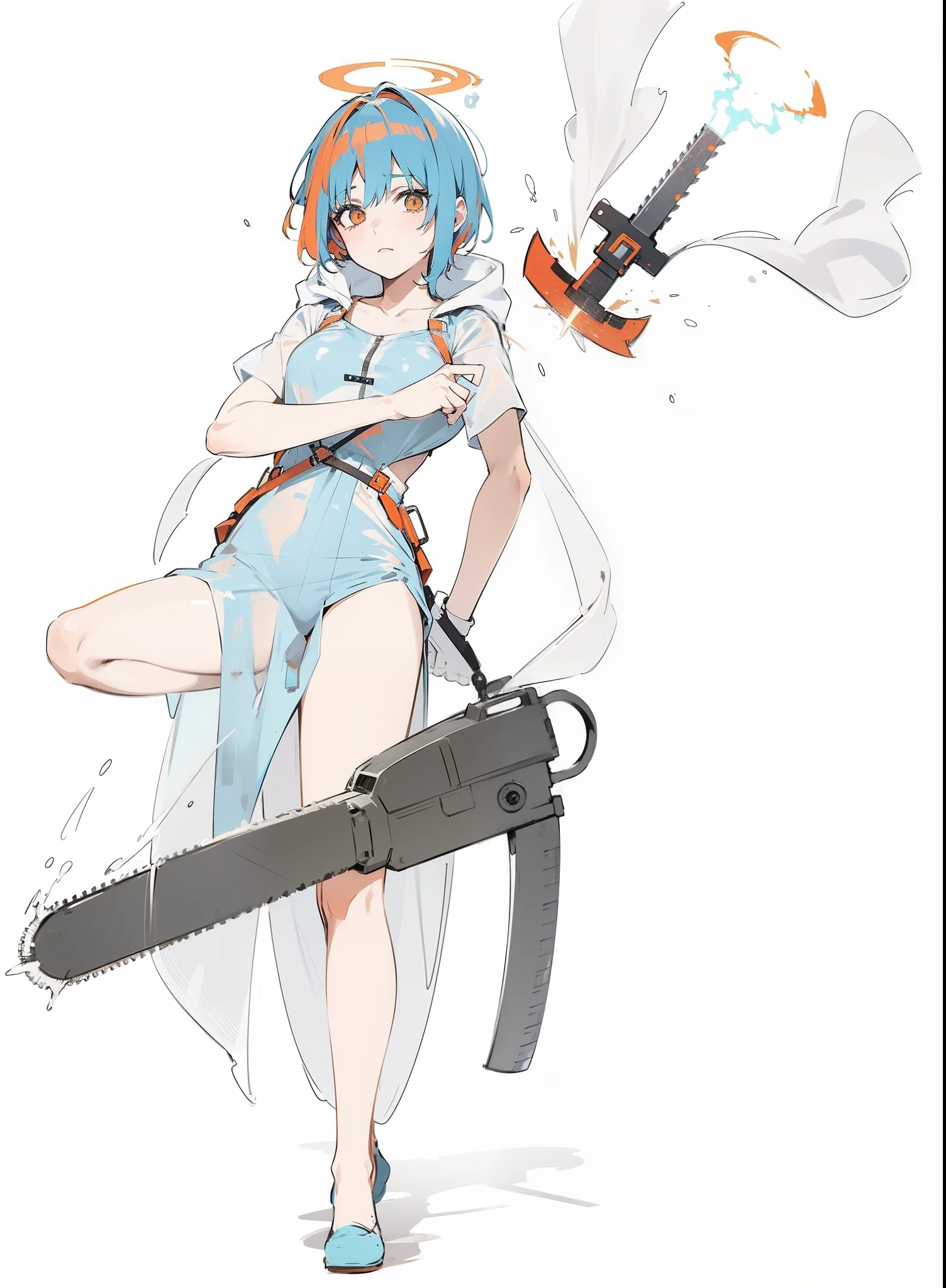 Orange blue hair white transparent raincoat angel with chainsaw，Let go of God's punishment