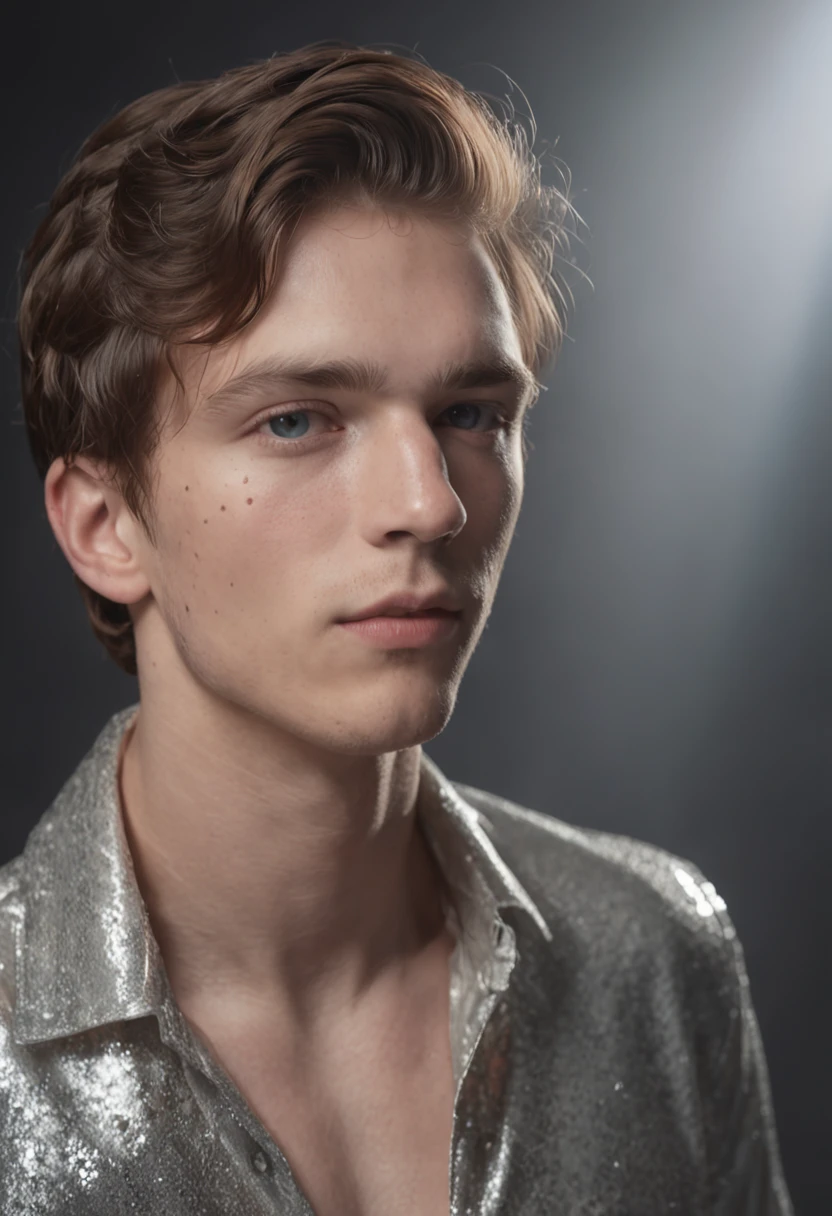 beautiful men, freckles, dark makeup, hyperdetailed photography, soft light, head and shoulders portrait, cover, matt(studio portrait:1.2) of beautiful 20 years old beautiful boy ihtiandr wearing silver bodysuit, wet hair, dreamlike blue eyes, big waves, evening, sharp focus, epic lighting, detailed face, subsurface scattering, f2, 35mme photo --ar 132:161 --s 750 --v 5.2