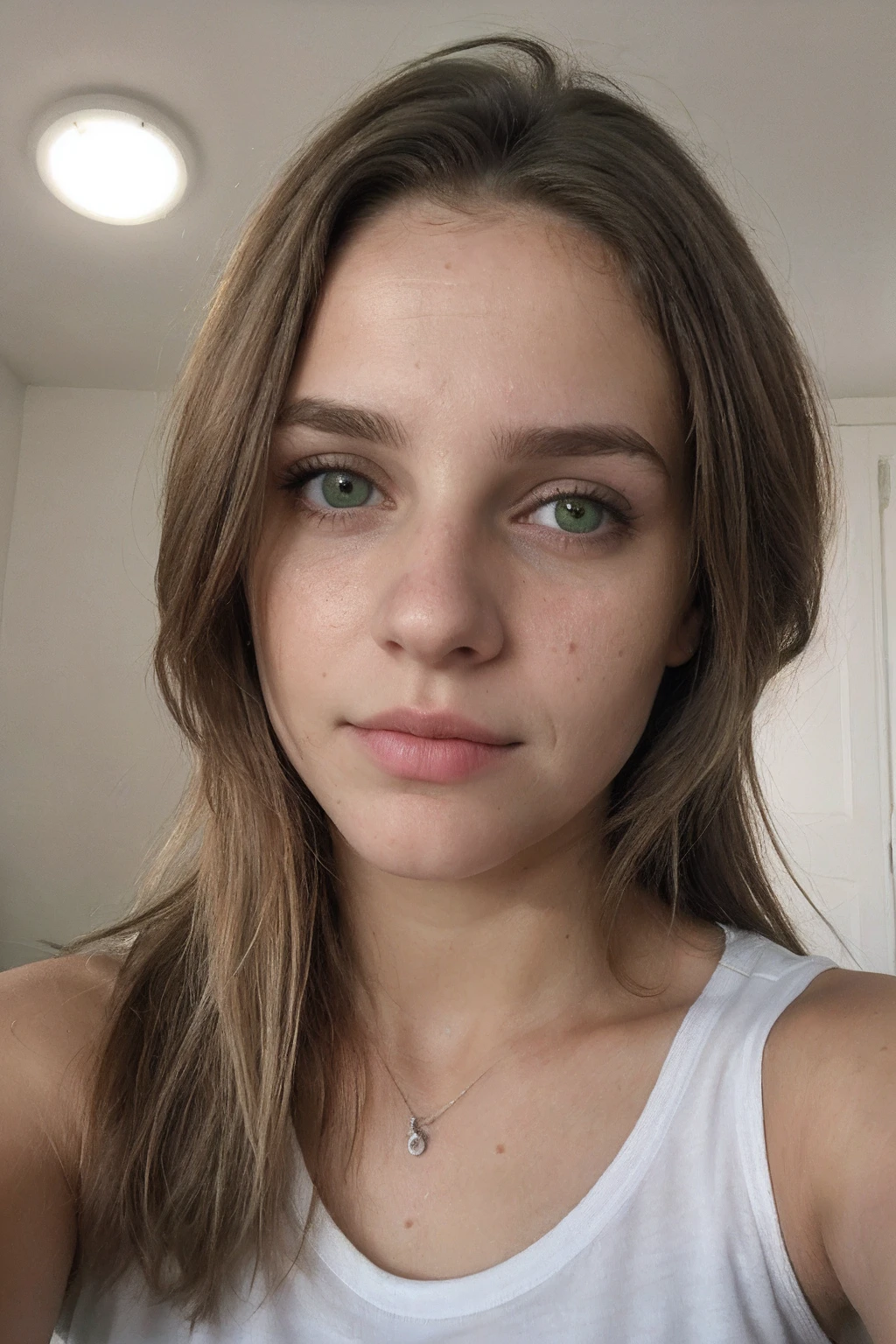 uma selfie de martina, uma jovem extremamente atraente, olhos verdes, cabelos loiro, seios grandes, face inocente, de 18 anos que parece ter 16, foto casual no quarto, tirada com camera do Iphone
