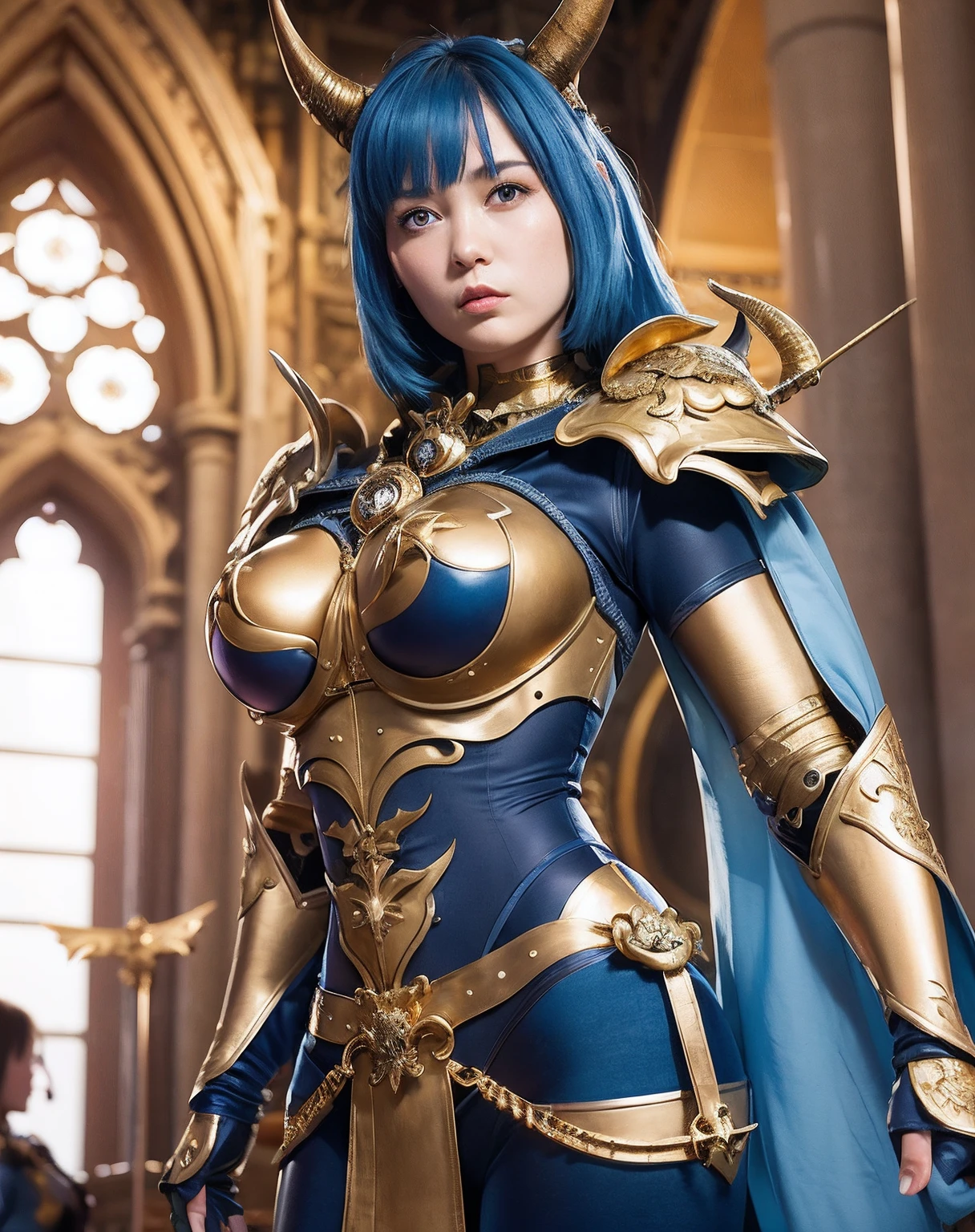 Professional , masterpiece、top-quality、photos realistic , depth of fields 、(Gemstone Blue Metal Body:1.2),(Matte Blue Black、(Standing in the church)、gold patterns、Wind-effect、Light Effects、Wind-effect、(Micro Bikini Armor)、(cleavage of the breast)、Dragon Gold Weapon(Dragon Metal Body:1.4),Gorgeous gold weapons ,(Particles of light)、 ,Fight legions of soldiers in skeleton armor ,(fierce look)、Mystical expression、-yeld beiful girl、(( Dragon's dense and gorgeous sword)) , Ultimate Beauty 、((Blue hair))、(Castle background)、Fight dragons、Fight with weapons、((Gangle's forest background))、Beautiful Caucasian beauty、(1a person)、dynamic ungle,(((Details of the two demon horns on the head)))、Smaller head、A smile、Castle background、Thin and beautiful female hands、cleavage of the breast、Soldier in iron armor on background、Mystical expression、Light Effects、Wind-effect、magic circles、With the legendary magic wand、(demonic wings)、(Blue hair)、(1 persons)、Battle Look、Anatomically correct body、Toostock、Toostock、knee、Fight soldiers in skeleton armor ,