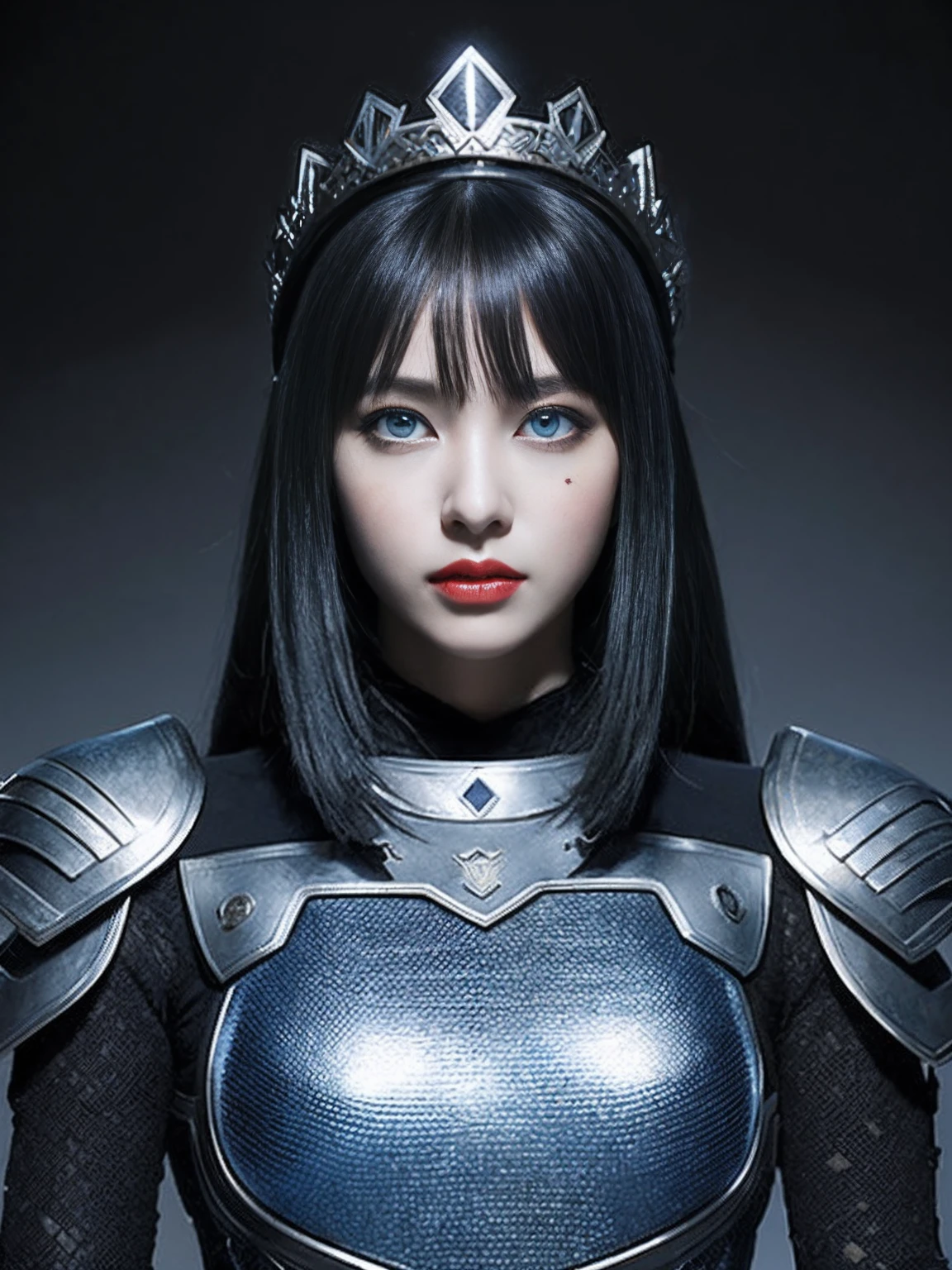 Masterpiece, Best quality, high resolution, 8K, Portrait, Realistic photo,（ Combine clothing with Korean fashion design），Digital photography, full bodyesbian, 1 -yeld gi (Cyborg), Beautiful blue-gray gradient long hair, Blue eyes, Intricate, elegant, Highly detailed, The crown of evil, Black dress, ,Silver metal exoskeleton armor, Intricate knightly hollow armor,power armour, Openwork design, mechanical structure, Photo pose, Solemn,, Red lips, From the movie《Final Fantasy XV》.Metallic texture, oc rendered，Reflective texture, ((Clothing cutting)), ((Set against the backdrop of the castle and the huge Moster))