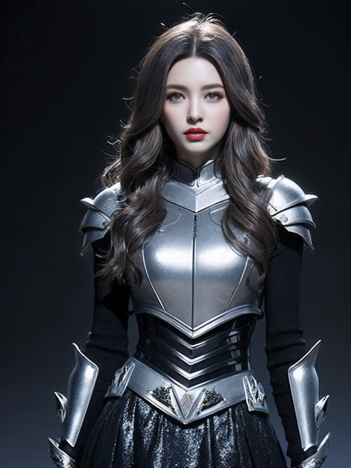 Masterpiece, Best quality, high resolution, 8K, Portrait, Realistic photo,( Combine clothing with Korean fashion design),Digital photography, full bodyesbian, 1 16-year-old girl, (Cyborg), Beautiful blue-gray gradient long hair, Blue eyes, Intricate, elegant, Highly detailed, The crown of evil, Black dress, ,Silver metal exoskeleton armor, Intricate knightly hollow armor,power armour, Openwork design, mechanical structure, Photo pose, Solemn,, Red lips, From the movie《Final Fantasy XV》.Metallic texture, oc rendered,Reflective texture, ((Clothing cutting)), ((Set against the backdrop of the castle and the huge Moster))