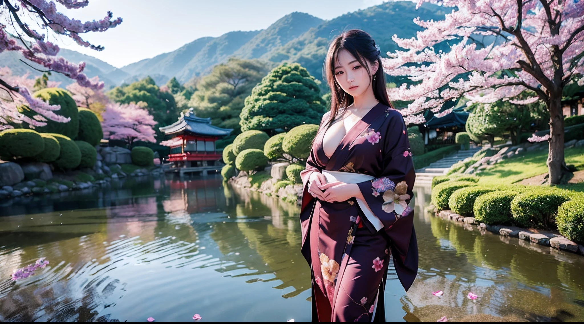 Night portrait in 16:9 format with photorealistic aesthetics from ((((1girl:1.3)))), ((perfect figure: 1.4)), (large breasts: 1.3), (cleavage: 0.8), (((slender figure: 1.2)))), A woman with soft skin, dark hair, styled in loose curls with flower-like decorations and deep almond-shaped eyes, Serenity in her expression, mystical air. She wears a dark red kimono with golden floral patterns and a bright obi that subtly hints at her slender, curvaceous figure, gracefully highlighting her feminine attributes. In The garden of Kiyomizu-dera Temple in Kyoto. The pond reflects the temple and the cherry blossom trees, creating an image of beauty and serenity, the vampire bows her head towards the pond, looking at her reflection with a serene expression, while a gentle breeze causes flower petals to float on the water around her, standing next to a pond with paper lanterns lit, her image reflected in the water. Photographed, Nikon Z6 camera, Nikkor Z 35mm f/1.8 S lens, Settings ((ISO 200, Aperture f/2.5, shutter speed 1/250s or faster)), with soft lighting and night colors. Sharp focus on her features evoking a beautiful face, 8K image, ultra high definition, photorealistic style, cinematic quality between 9-10 on a scale of 1 to 10. Conveys strength, evokes beauty, dedication and harmony with the supernatural. (((Masterpiece: 1.3))), ((RAW, Best quality: 1.4)), ((UHD)), ((Enhance contrast)), ((Enhance saturation)), ((Film grain: 1.3)),