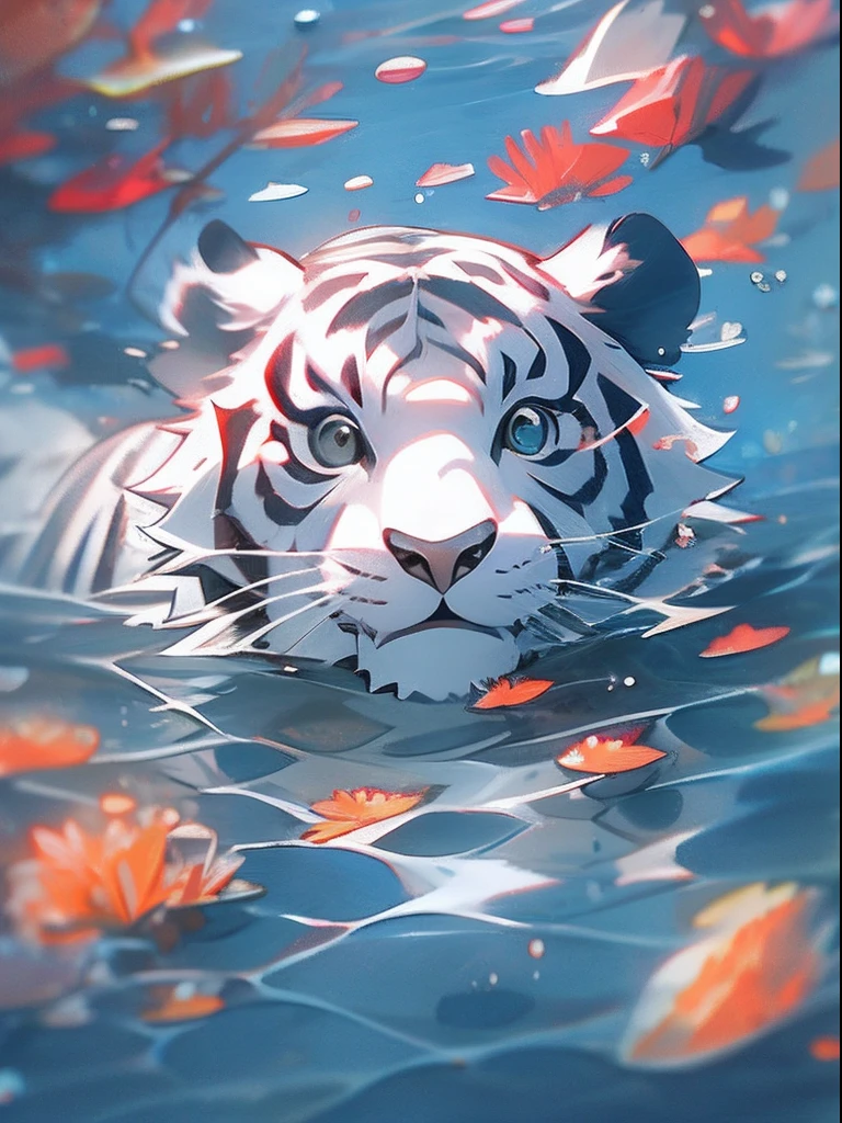 1 cute white tiger, close-up face, Portrait, Furry, No Man, In water, ocean floor,  Blisters, Buble, More details, Saturated colors, cute smiling, Best quality, 8K, High saturation