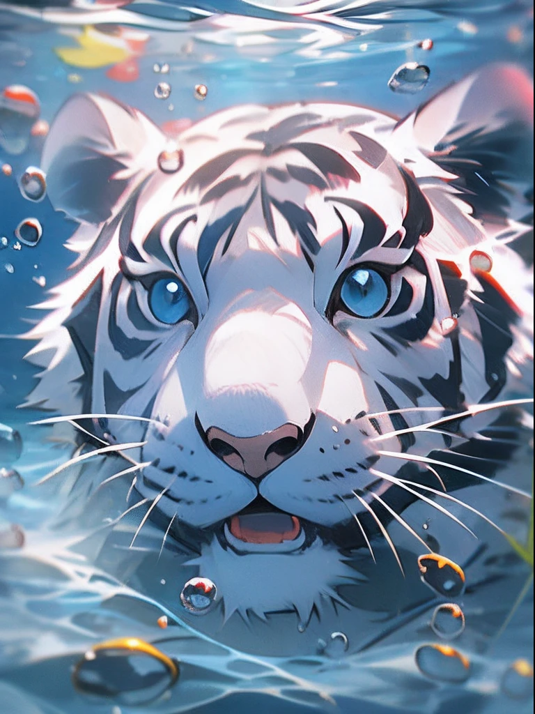 1 cute white tiger, close-up face, Portrait, Furry, No Man, In water, ocean floor,  Blisters, Buble, More details, Saturated colors, cute smiling, Best quality, 8K, High saturation