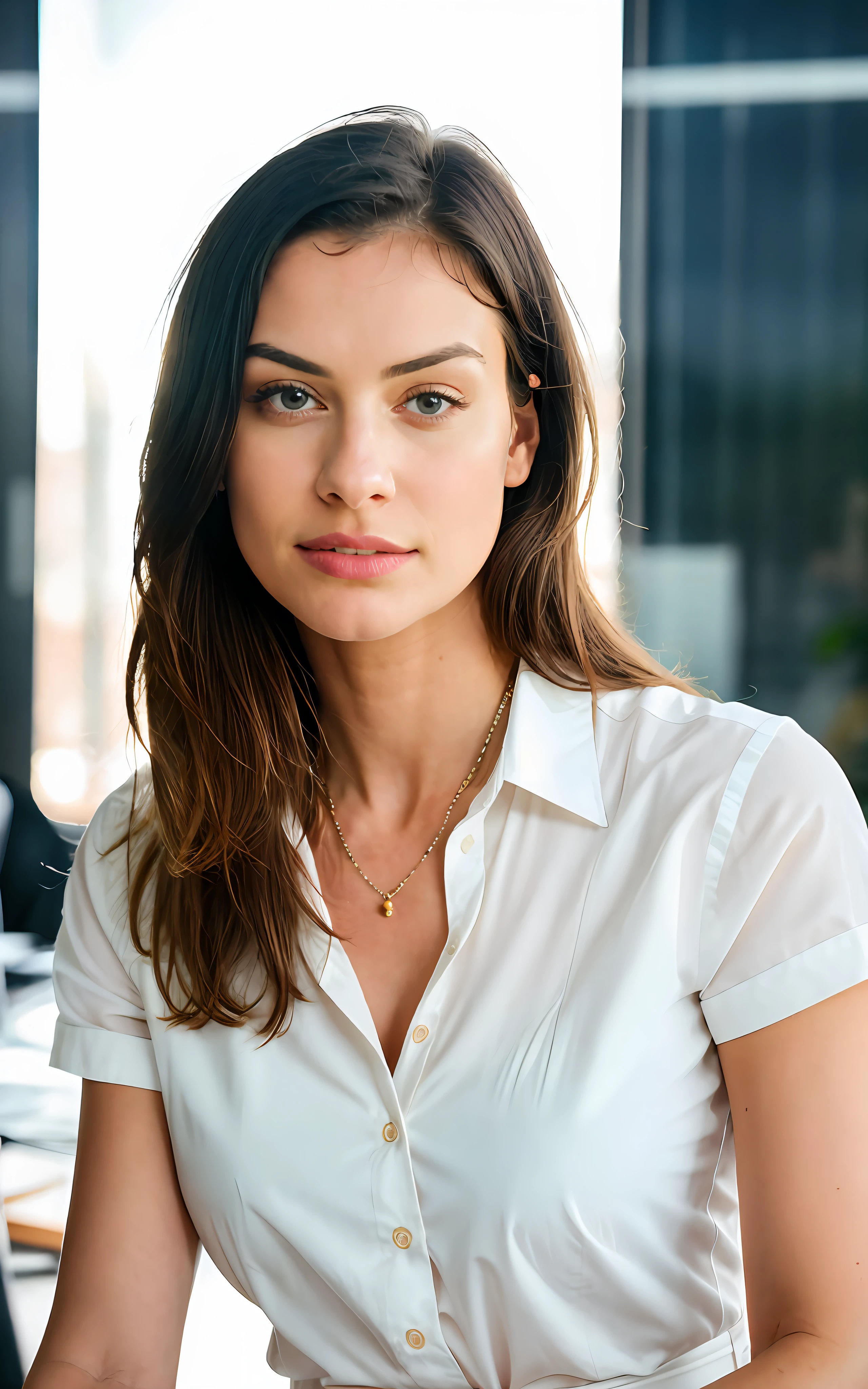 analog style, RAW photo, photography, hyper photorealistic, amateur photo shot of a woman in an office making a presentation on a screen, looking at the camera, with a white dress shirt , detailed skin, soft natural raw light, highly detailed, best quality, ultra detailed, extremely detailed, taken from mobile camera, f/22, deep depth of field, grain, noise