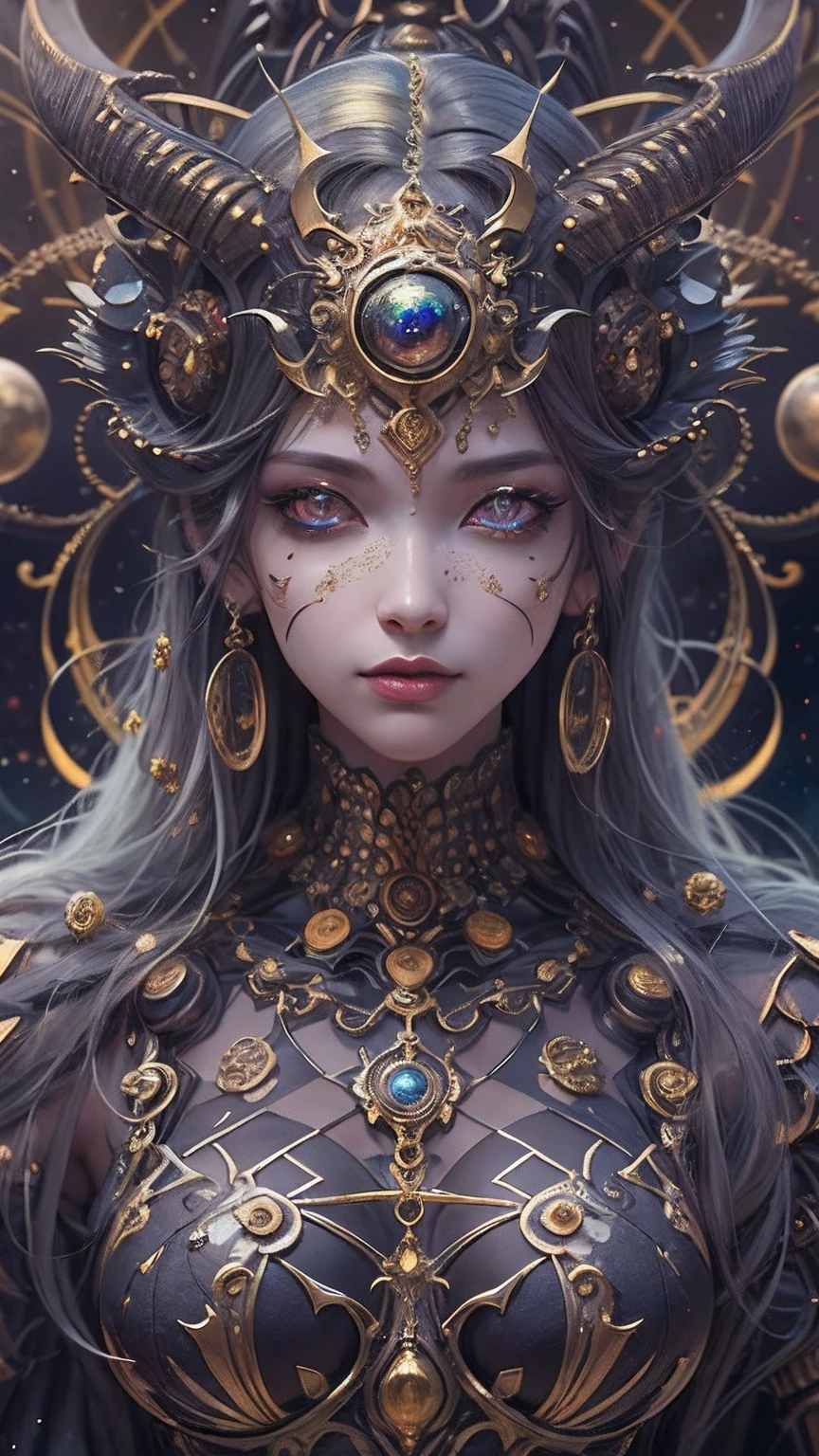 (best qualtiy,ultra - detailed,Most Best Illustration,Best shadow,tmasterpiece,A high resolution,professionalartwork,famousartwork),Detailed eyes,beautidful eyes,closeup cleavage,sci-fy,colored sclera,Robot eyes,face markings,Tattooed with,(fractalized,Fractal eyes),largeeyes,Wide eyes,(Eye focus),sface focus,Cosmic eyes,Space eyes,Close-up of metal sculpture of a woman with a moon in her hair,goddes。extremly high detail,3 d goddess portrait,Extremely detailed footage of the goddess,a stunning portrait of a goddess,Side image of the goddess,portrait of a beautiful goddess,Full body close-up portrait of the goddess,hecate goddess,portrait of a norse moon goddess,goddess of space and time