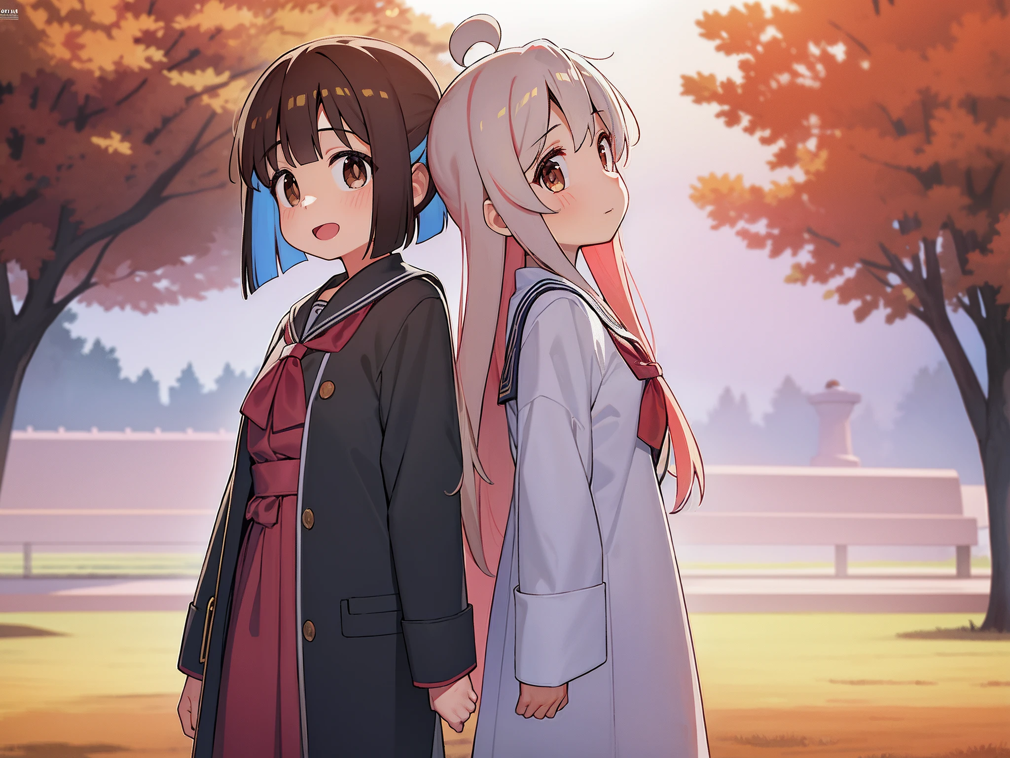 Standing back-to-back,masterpiece, best quality, masterpiece,best quality,official art,extremely detailed CG unity 8k wallpaper, in autumn, 2girls, sailor suite, huge_filesize, oyamamahiro,HozukiMomiji,brown eyes,brown eyes