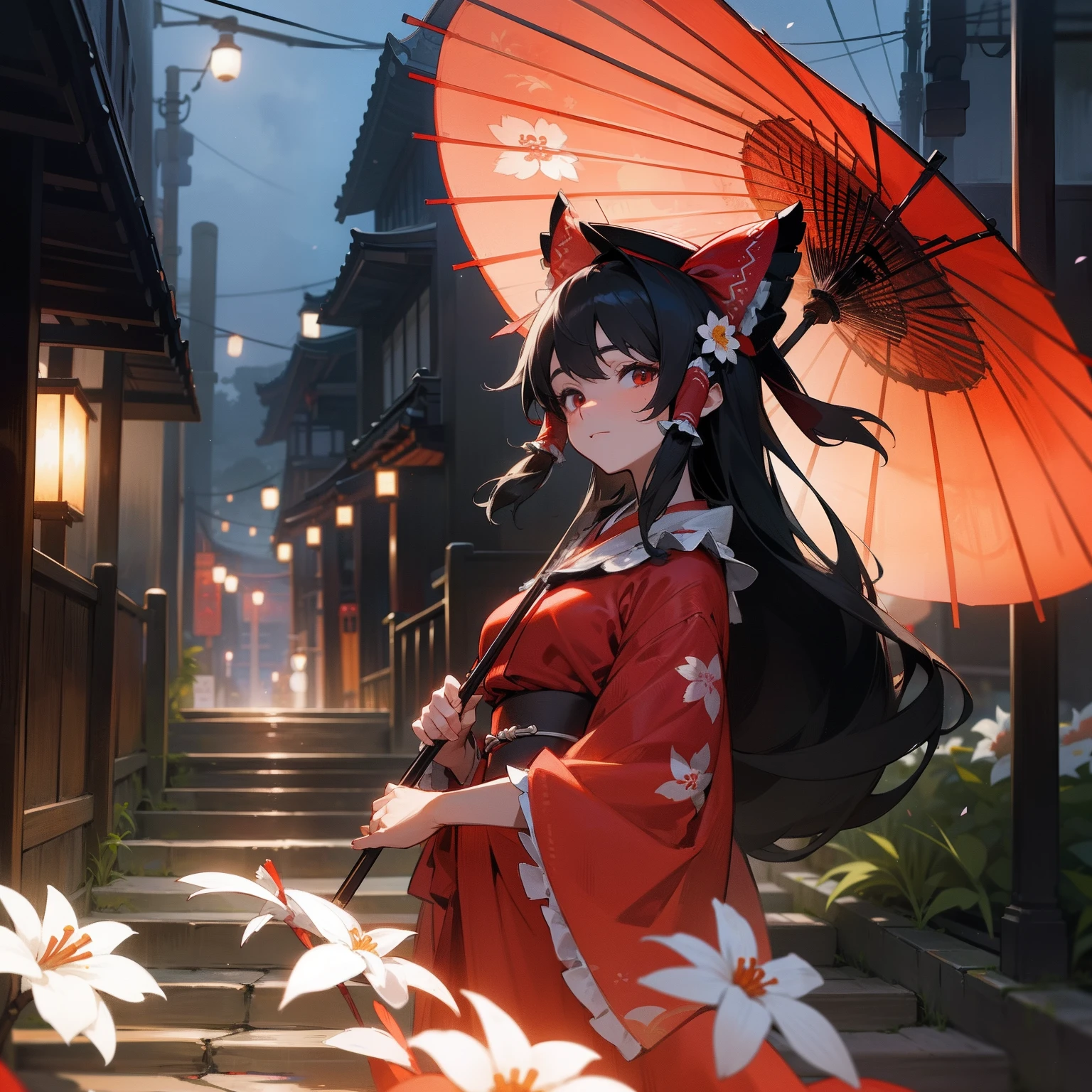 A woman holding an umbrella in the middle of an alley covered in light, flower, Japanese clothes, outdoors, hat, looking at camera, night, Reimu Hakurei, black hair, kimono, solo focus, tassel, lantern, long hair, floral pattern, holding, obi
