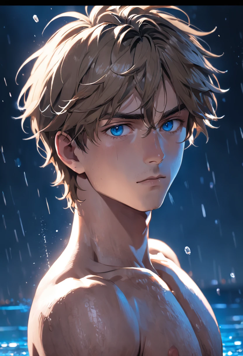 Pixiv masterpiece, blonde, male, embarrassed, wet, muscular, blushing,