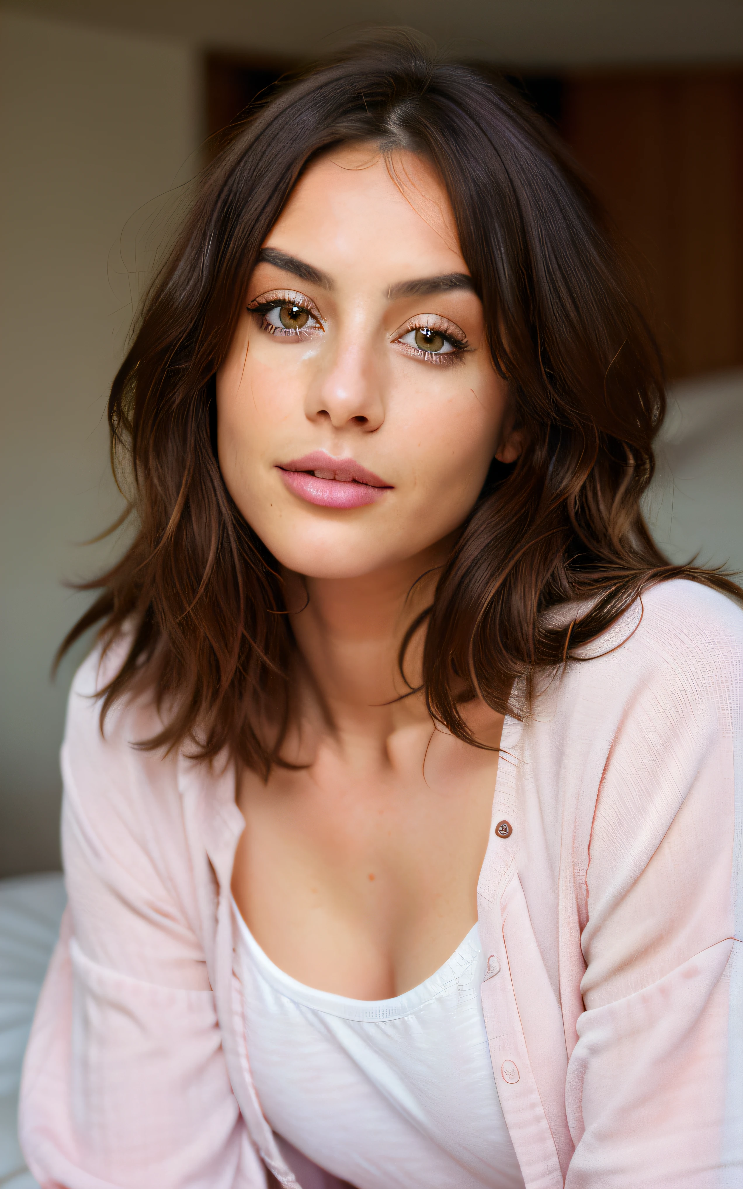 cute beautiful brunette, wearings an entire pijama ,full body, perfect angle, very detailed, 32 years old, flirty face, messy long hair, brown eyes, high-res, masterpiece, best quality,intricate details, highly detailed,sharp focus, detailed skin,realistic skin texture,texture, detailed eyes, professional, 4k, smile, shot on Canon, 85mm,shallow depth of field,kodak vision color, eyeshadow, extremely detailed, photo_\(ultra\), photorealistic, realistic, post-processing, max detail, roughness, real life, ultra realistic, photorealism, photography, 8k uhd, photography, braless, pokies