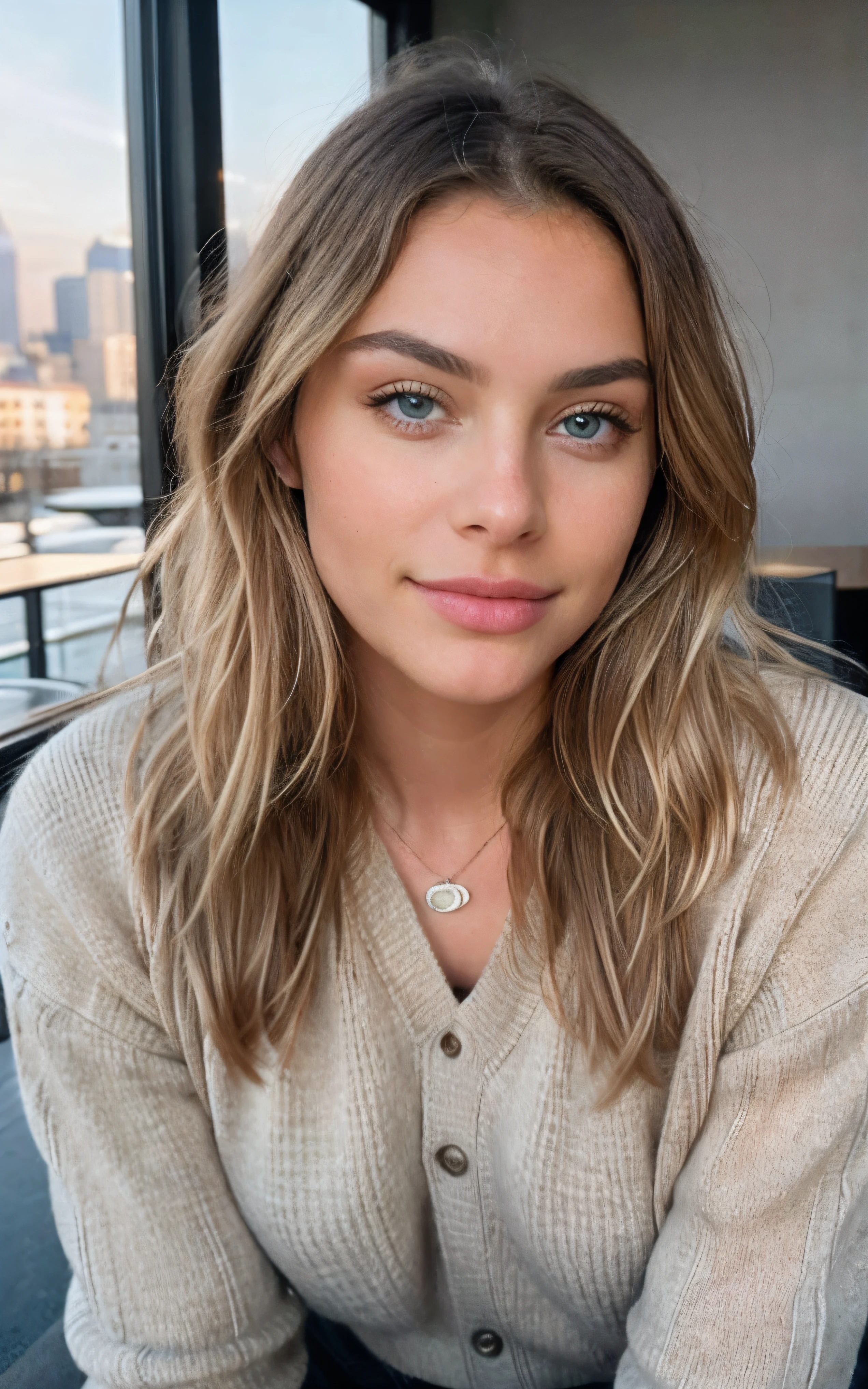 beautiful blonde wearing beige sweater (sipping coffee inside a modern café at sunset), very detailed, 21 years old, innocent face, natural wavy hair, blue eyes, high resolution, masterpiece, best quality, intricate details, highly detailed, sharp focus, detailed skin, realistic skin texture, texture, detailed eyes, professional, 4k, charming smile, shot on Canon, 85mm, shallow depth of field, kodak vision color, perfect fit body, extremely detailed, foto_\(ultra\), photorealistic, realistic, post-processing, maximum detail, roughness, real life, ultra realistic, photorealism, photography, 8k uhd, photography