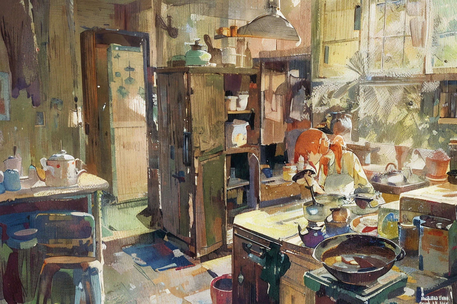 Draw a woman in the kitchen，There was a large pot of pans, In a kitchen, author：Richard Carlin, interior scenes, author：Harold Shapinski, In the kitchen, hard morning light, author：Alfons von Czibulka, dark kitchen of an art student, sunlit, mid morning lighting, Inspired by Henry Osawa Tanner