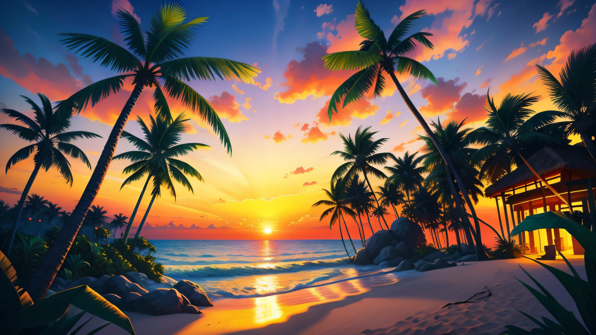 Masterpiece, best quality, sunny beach, undulating palm trees and vibrant tropical landscapes, photorealistic, photography, sunny, twilight, tropical jungle, highres, flower, cinematic lighting