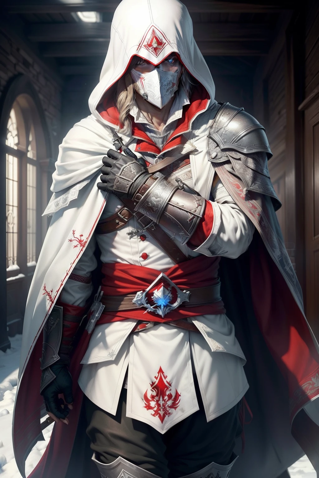 (High detail CG,The ultra-realistice,detail-rich),assassins creed,snowy day,White cloak,Full face mask,Expose your eyes,Red and blue eyes,hidden blade,Red magic,