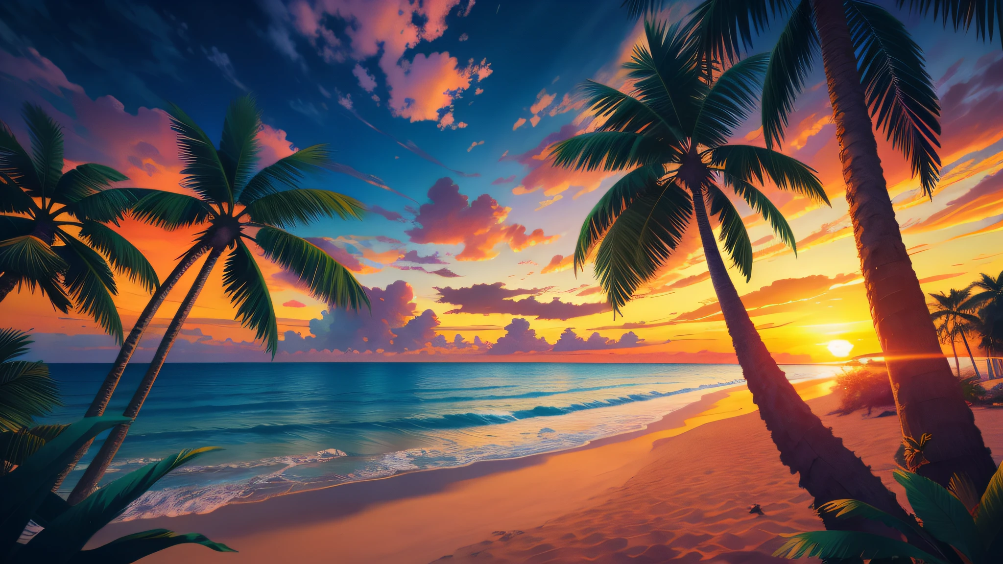 Masterpiece, best quality, sunny beach, undulating palm trees and vibrant tropical landscapes, photorealistic, photography, sunny, twilight, tropical jungle, highres, flower, cinematic lighting