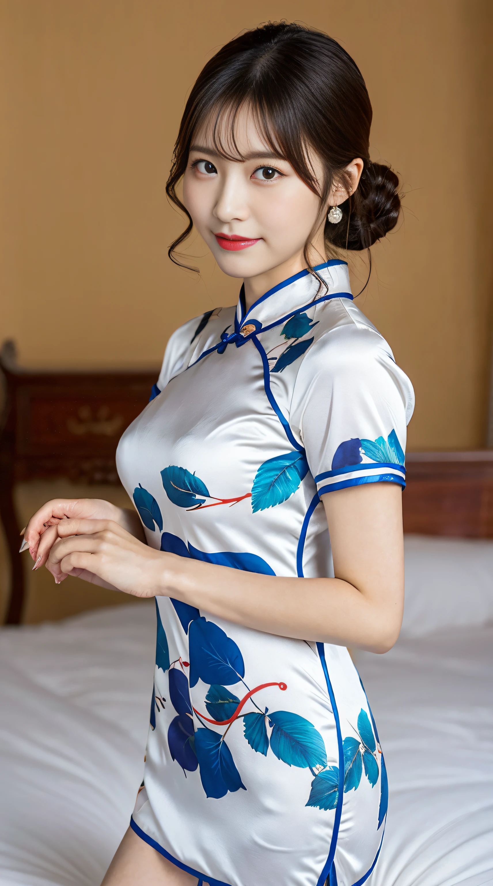 最好质量、Top image quality、Top resolution、Ultra-detailed、chinese clothes、Short Sleeve Cheongsam、The material of the cheongsam is satin, shiny, soft and smooth to the touch.、(tight) cheongsam、Cheongsam long、Rises to the ankle.、No underwear、 Breast D cup、Full-body photography so that the face can be included、One subject、on bed, large breasts, blushing