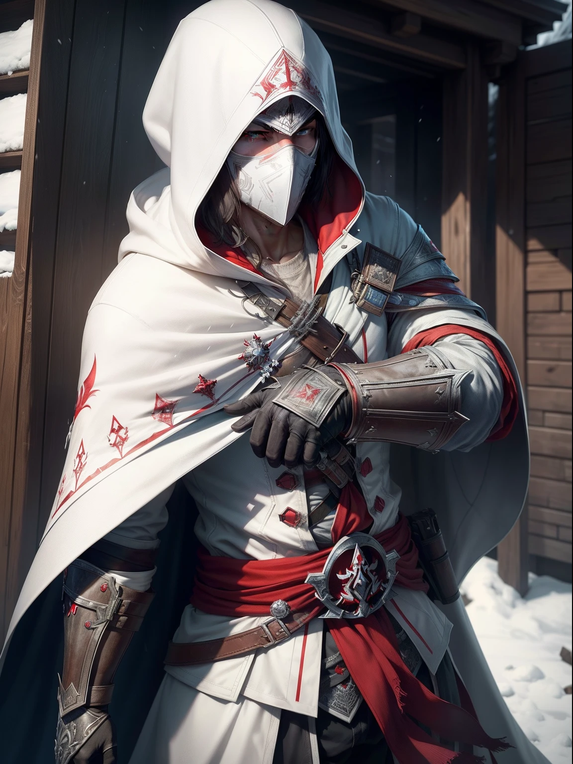(High detail CG,The ultra-realistice,detail-rich),assassins creed,snowy day,White cloak,Full face mask,Expose your eyes,Red and blue eyes,hidden blade,Red magic,