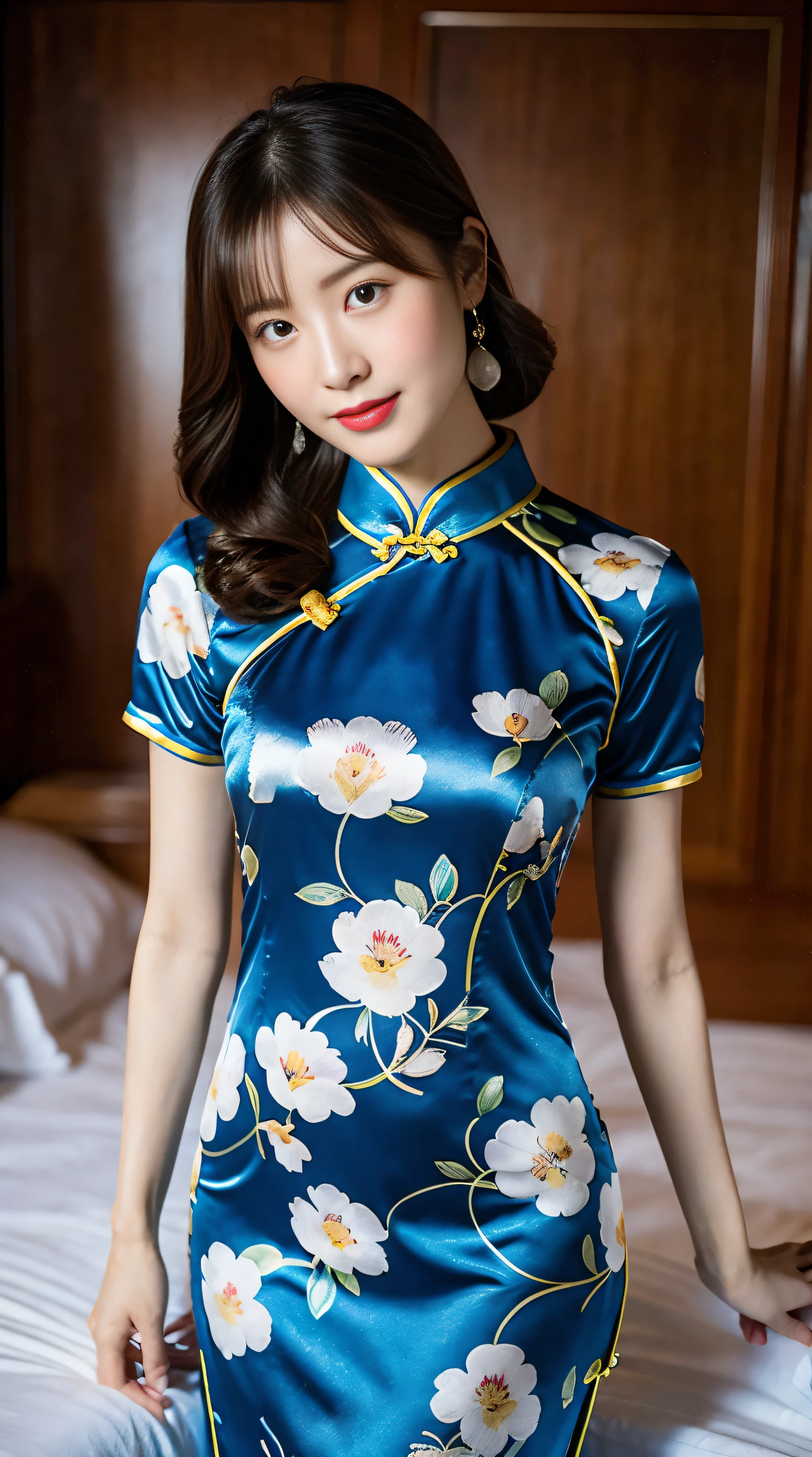 tmasterpiece， best qualtiy，1girll，Star face，Long legs，The skin is white and red, The eyes are bright and alert,Semi-curved eyebrows, Swallow red lip gloss, Wear embroidered headdresses, Jet black hair，Gorgeous satin cheongsam，The cheongsam is embroidered，Cheongsam silk texture，Blue and white porcelain cheongsam，Cheongsam high split slit，Ruby earrings，Silver-toned gemstone bracelet，near bed，Background bokeh