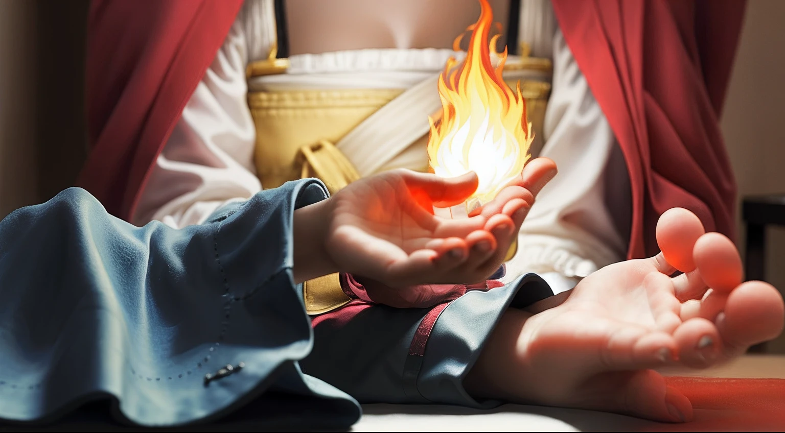 There is a flame burning on the palm of the hand;Children hold out their palms;Wearing a black magic robe