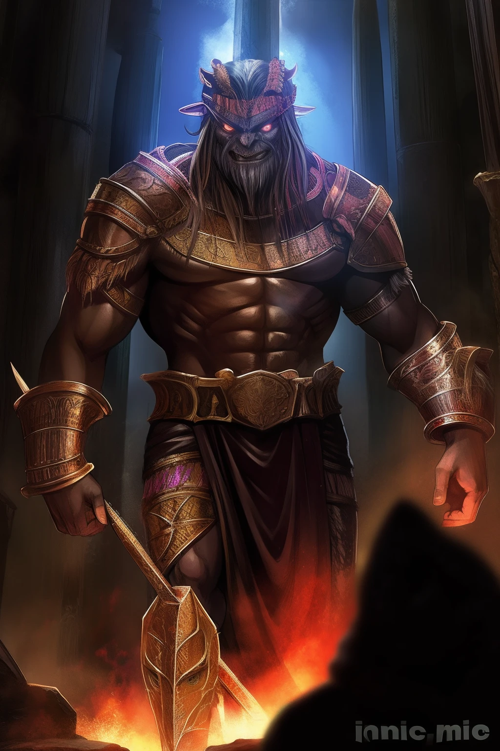 An alpha male black dragon, sexy body, slim and well defined, piercing red eyes, elegant white horns, ((golden bracelets on the wrists of her clawed hands and clawed feet, Stylish orange loincloth with red and a blue jewel in the middle)), (below: Half a day on an erupting volcano, in it, very hot, good detailed lighting,rocks on the ground ,Just standing in front of the alpha black dragon showing off his pecs and six pack, face of being the alpha,),(((bathed in sweat all over his slender, well-defined body))),(((no type of accessories or objects on his chest and six pack))),(((sweaty all over his arms and all over his well-defined body))),(((Don't cover your chest and six pack))).