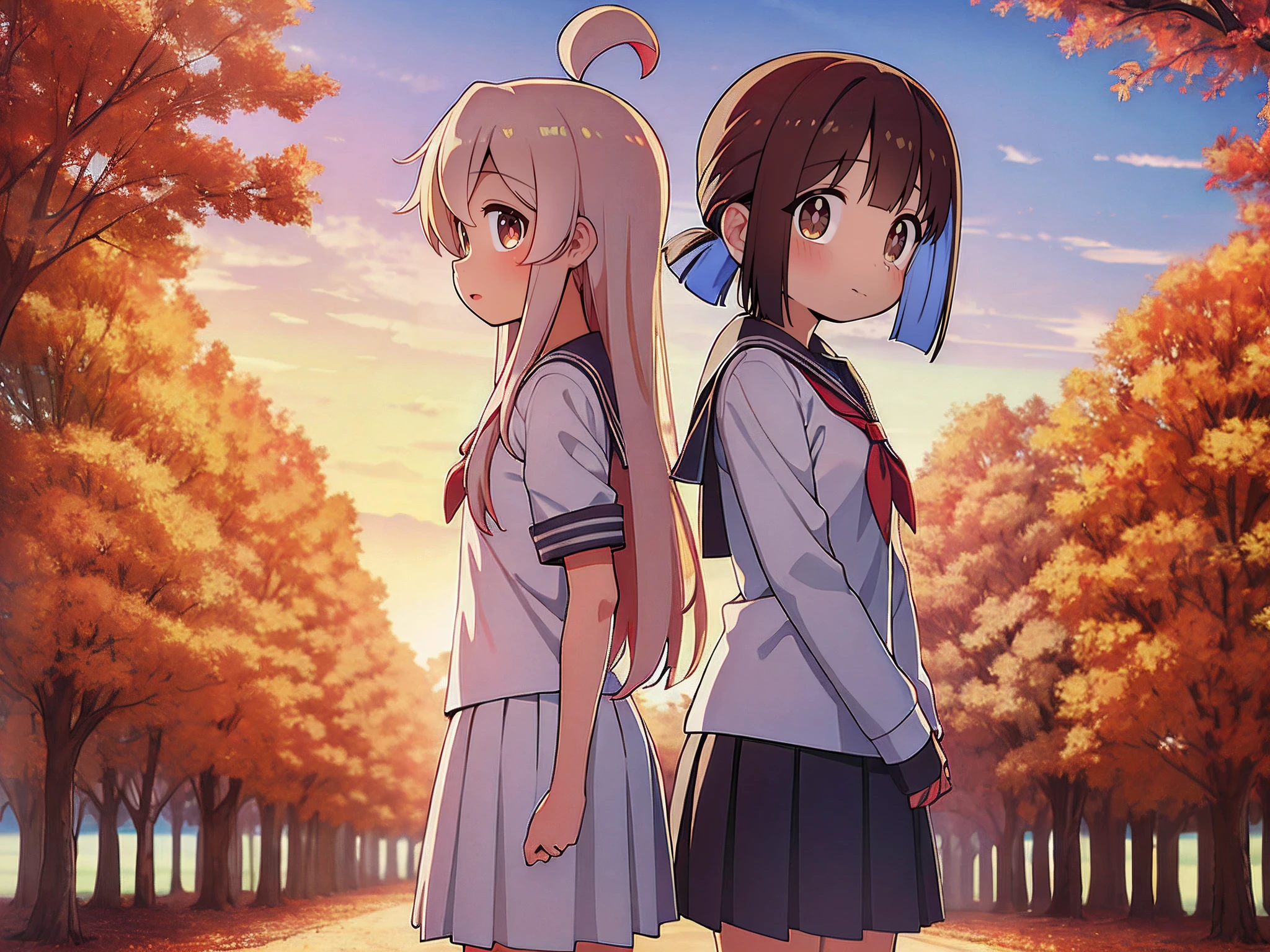 Standing back-to-back,masterpiece, best quality, masterpiece,best quality,official art,extremely detailed CG unity 8k wallpaper, in autumn, 2girls, sailor suite, huge_filesize, oyamamahiro,HozukiMomiji,brown eyes