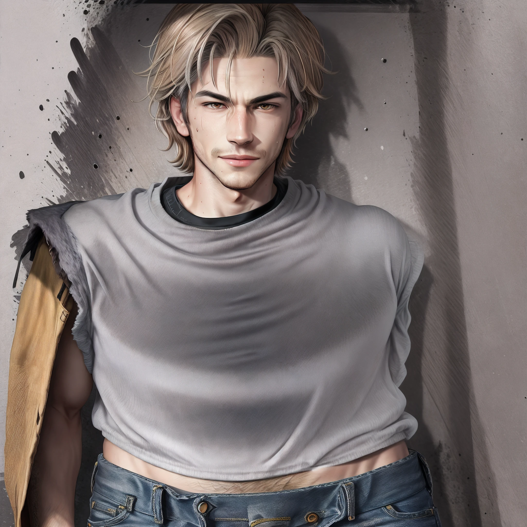 Solo, Male, Fox, grey fur, grey body, Yellow eyes, Detailed eyes, Detailed hands, Brown hair, Medium hair, Messy hair, short, Slim, weak, Non-exercise, bony, Stinky, smelly, Sweaty, Sweat, steams, steamy, Dirty white shirt, Ripped black jeans, author：Flash Trap Boy, By Darkgem, (by Chunie), Bulge, Smirking, Evil expression, Lick lip, rape face