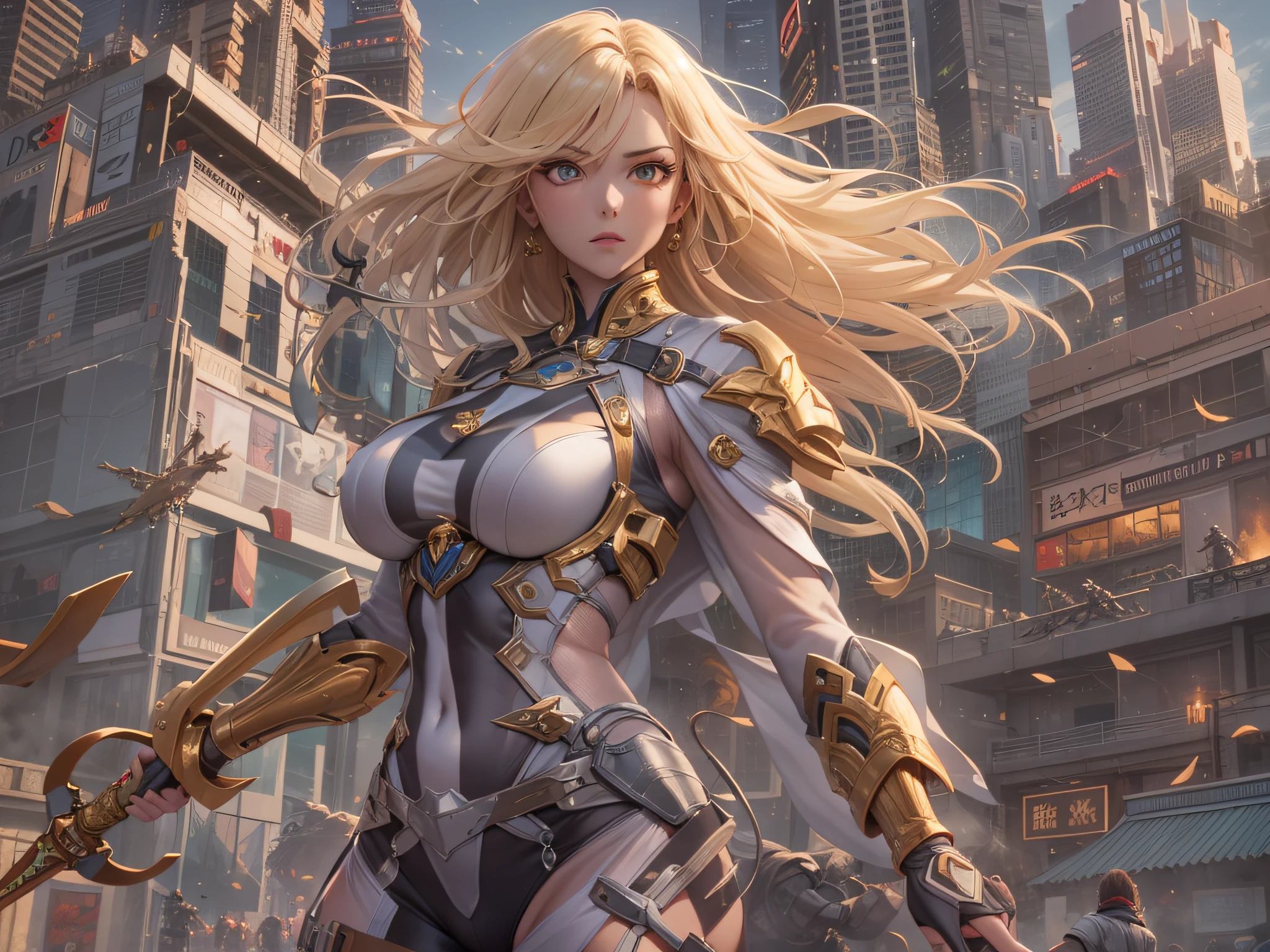 1 chica, Solo, (blanco long hair), (enormes tetas falsas:1.3), (BRAZO DE GUARDIA, guante), inmortal, (blanco, rojo, oro, TRAJE DE ARMADURA MECHA FUTURISTA, Cabo Real, escote:1.5), (pantalones de yoga ajustados a la piel, tacones altos:1.2), (CUERPO GLAMOROSO NSFW, piernas largas y sexys, cuerpo completo:1.3), (desde el frente, mirando al espectador:1), (CAMINANDO POR LA CALLE NOCHE DE LA CIUDAD:1.3), physically based rendering, ultra high definition, 8k, 1080P.