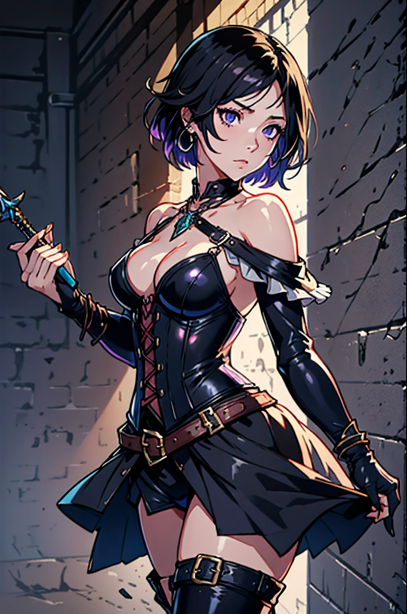 Game Art design, Octopath Traveler 2, 1girl, throne anguis, (solo:1.4), (portrait shoot:1.4), (focus on face:1.4), 1girl, black hair, medium breasts, cleavage, collarbone, corset, purple clothes, dagger, high heel boots, holding dagger, jewelry, knee boots, necklace, poncho short hair, side slit, dynamic pose, extremely detailed face and eyes, absurdes, beautiful shadow and lighting, ambient occlusion, shady back alley background