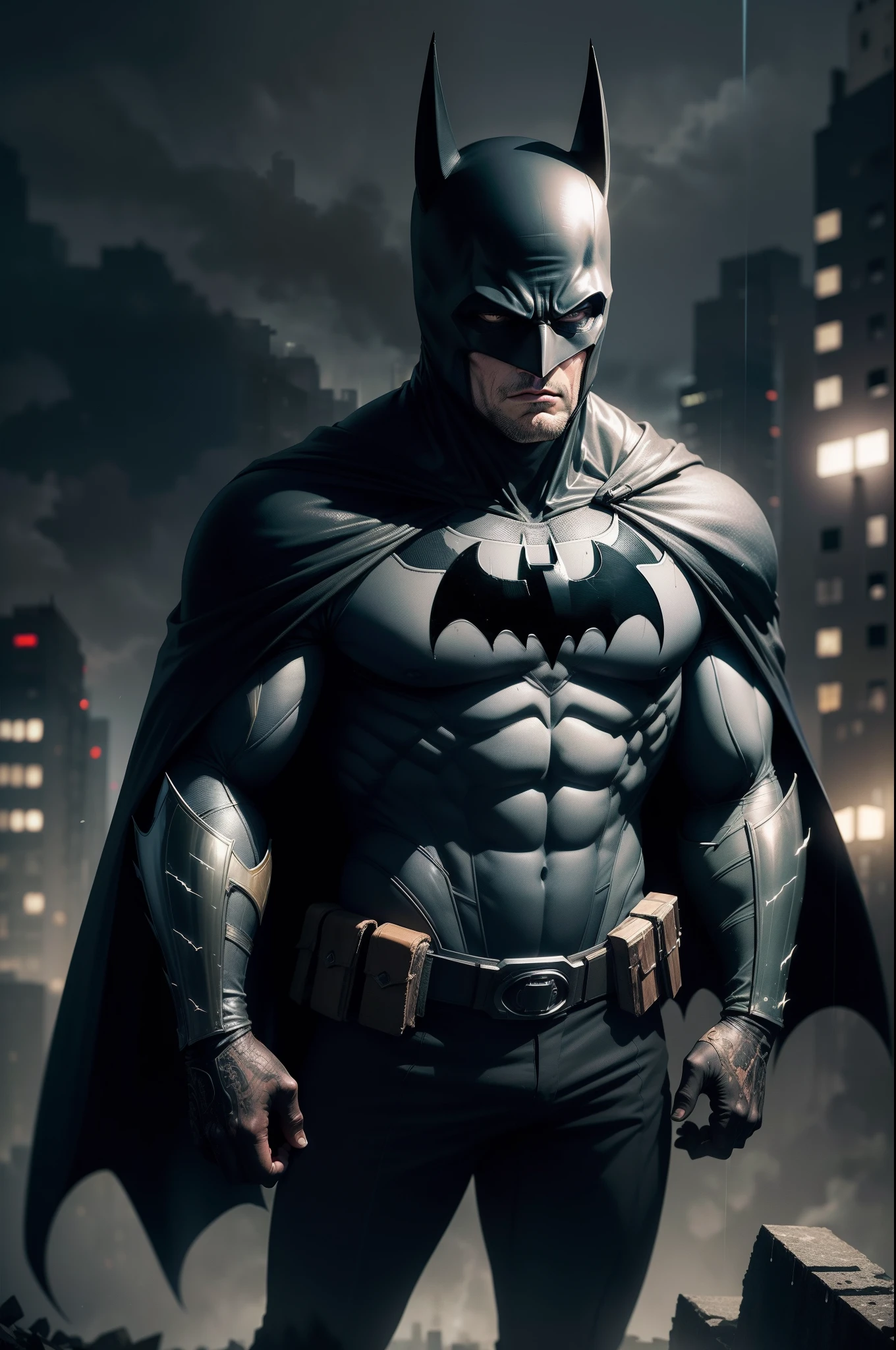 Batman wearing his traditional bat suit, medium ears, standing on skyScraper,holding Joe Bidens severed head in right hand, blood dripping on the ground, cape blowing in the wind, lightening streaking across the dark night sky, heavy rain, (Highly detailed:1.4)