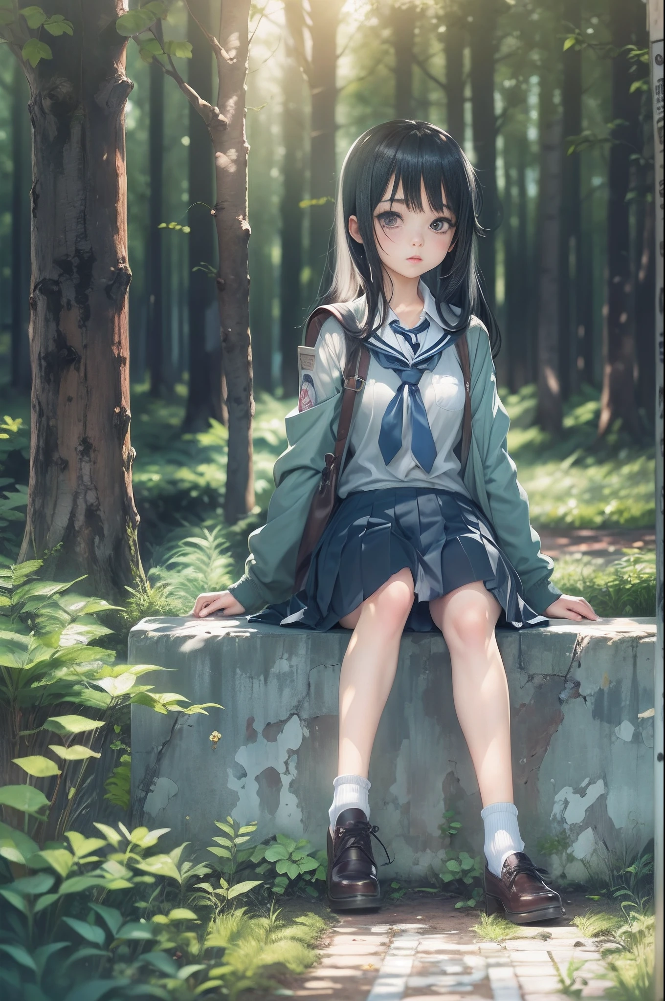 (Loli:1.1), Black hair, Sitting, school uniform, forest