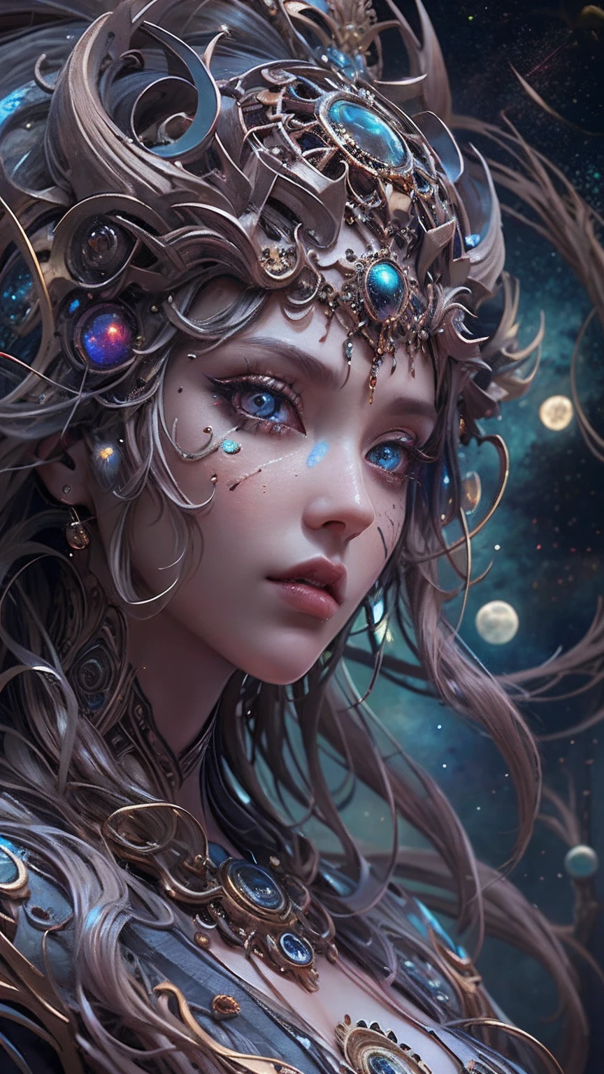 (best qualtiy,ultra - detailed,Most Best Illustration,Best shadow,tmasterpiece,A high resolution,professionalartwork,famousartwork),Detailed eyes,beautidful eyes,closeup cleavage,sci-fy,colored sclera,Robot eyes,face markings,Tattooed with,(fractalized,Fractal eyes),largeeyes,Wide eyes,(Eye focus),sface focus,Cosmic eyes,Space eyes,Close-up of metal sculpture of a woman with a moon in her hair,goddes。extremly high detail,3 d goddess portrait,Extremely detailed footage of the goddess,a stunning portrait of a goddess,Side image of the goddess,portrait of a beautiful goddess,Full body close-up portrait of the goddess,hecate goddess,portrait of a norse moon goddess,goddess of space and time