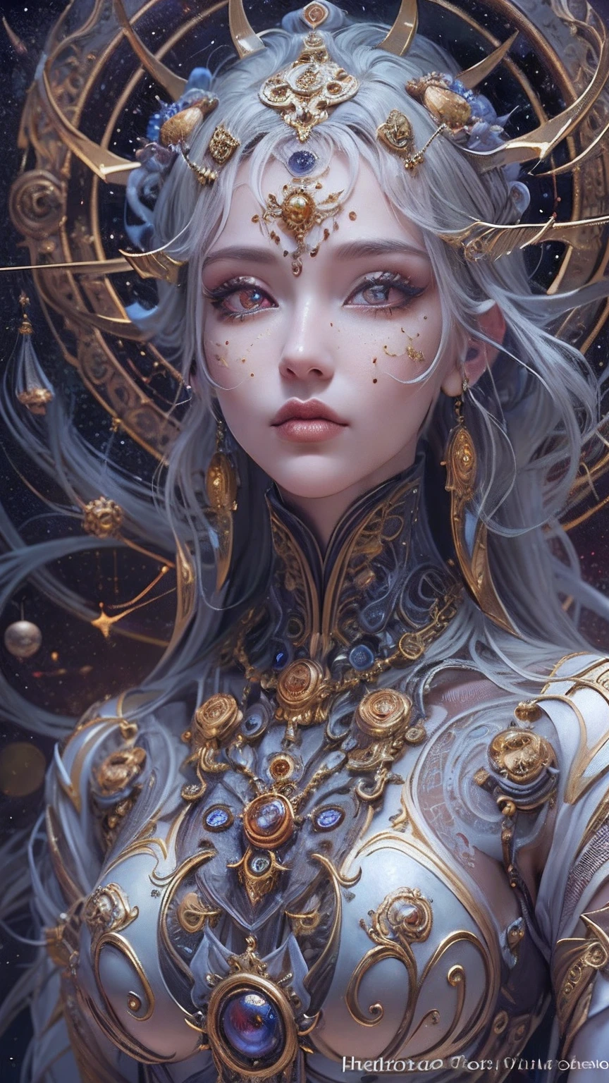 (best qualtiy,ultra - detailed,Most Best Illustration,Best shadow,tmasterpiece,A high resolution,professionalartwork,famousartwork),Detailed eyes,beautidful eyes,closeup cleavage,sci-fy,colored sclera,Robot eyes,face markings,Tattooed with,(fractalized,Fractal eyes),largeeyes,Wide eyes,(Eye focus),sface focus,Cosmic eyes,Space eyes,Close-up of metal sculpture of a woman with a moon in her hair,goddes。extremly high detail,3 d goddess portrait,Extremely detailed footage of the goddess,a stunning portrait of a goddess,Side image of the goddess,portrait of a beautiful goddess,Full body close-up portrait of the goddess,hecate goddess,portrait of a norse moon goddess,goddess of space and time