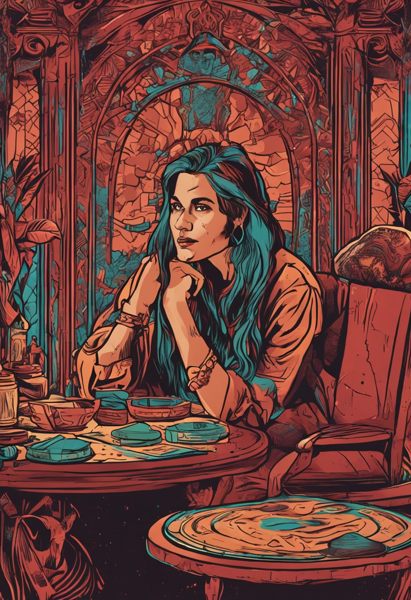 Mysterious interior　Young woman with troubled face　Male authoritative fortune teller　Sitting across from each other at the table