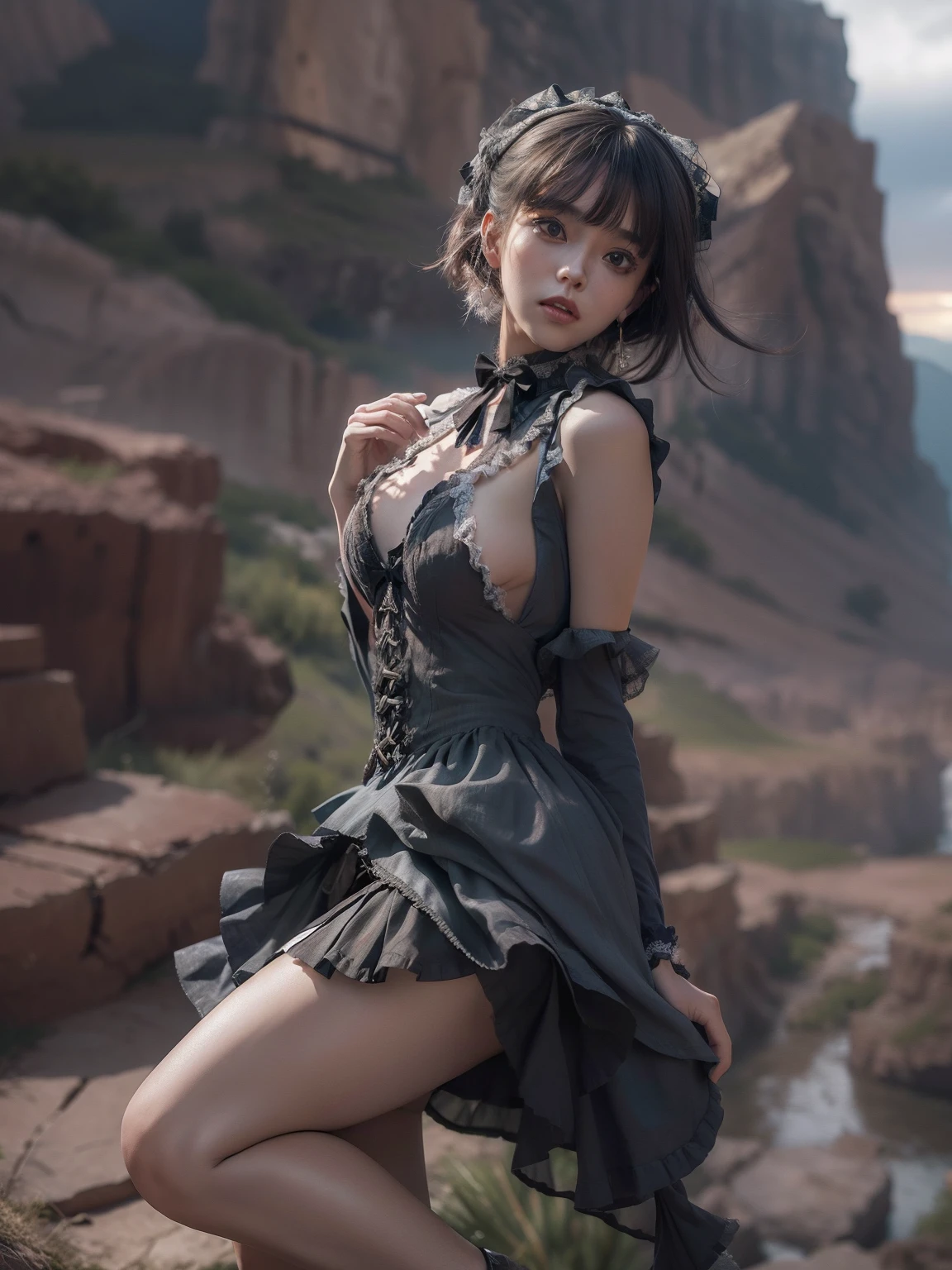 masutepiece, 8K,((Focus on the thighs))，High resolution whole body, surrealism, Cinematic lighting, god light,Layered processing (HD layers, People layer， Background image layer)，f/4.0, kanon，(The face is super clear)，hugefilesize，Shiny skin,Detailed skin,Detailed face, Detailed eyes, Goddess of the Storm,(Lolita dress miniskirt:1.5)， At the top of a huge canyon, The wind was blowing violently, Hair similar to the color of wind and lightning, nakeness, Bare chest, No top, Show off , Storm vortex pendant, Lightning earrings, Dark clouds loom like a storm, A thunderous scene，Sky thunder and lightning scattered together，