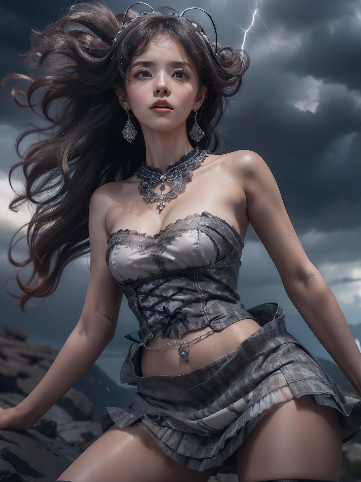 masutepiece, 8K,((Focus on the thighs)),High resolution whole body, surrealism, Cinematic lighting, god light,Layered processing (HD layers, People layer, Background image layer),f/4.0, kanon,(The face is super clear),hugefilesize,Shiny skin,Detailed skin,Detailed face, Detailed eyes, Goddess of the Storm,(Lolita dress miniskirt:1.5), At the top of a huge canyon, The wind was blowing violently, Hair similar to the color of wind and lightning, nakeness, Bare chest, No top, Show off , Storm vortex pendant, Lightning earrings, Dark clouds loom like a storm, A thunderous scene,Sky thunder and lightning scattered together,