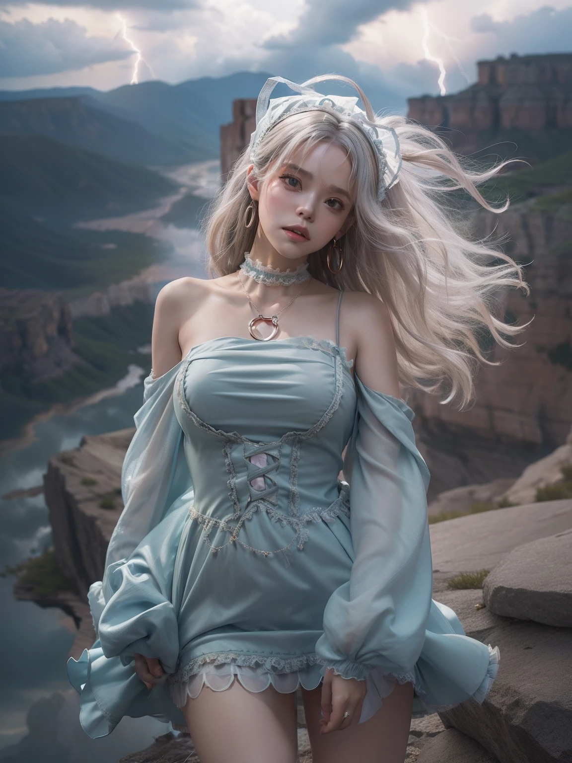 masutepiece, 8K,((Focus on the thighs))，High resolution whole body, surrealism, Cinematic lighting, god light,Layered processing (HD layers, People layer， Background image layer)，f/4.0, kanon，(The face is super clear)，hugefilesize，Shiny skin,Detailed skin,Detailed face, Detailed eyes, Goddess of the Storm,(Lolita dress miniskirt:1.5)， At the top of a huge canyon, (The wind was blowing violently), Hair similar to the color of wind and lightning, nakeness, Bare chest, No top, Show off , Storm vortex pendant, Lightning earrings, Dark clouds loom like a storm, A thunderous scene，Sky thunder and lightning scattered together，