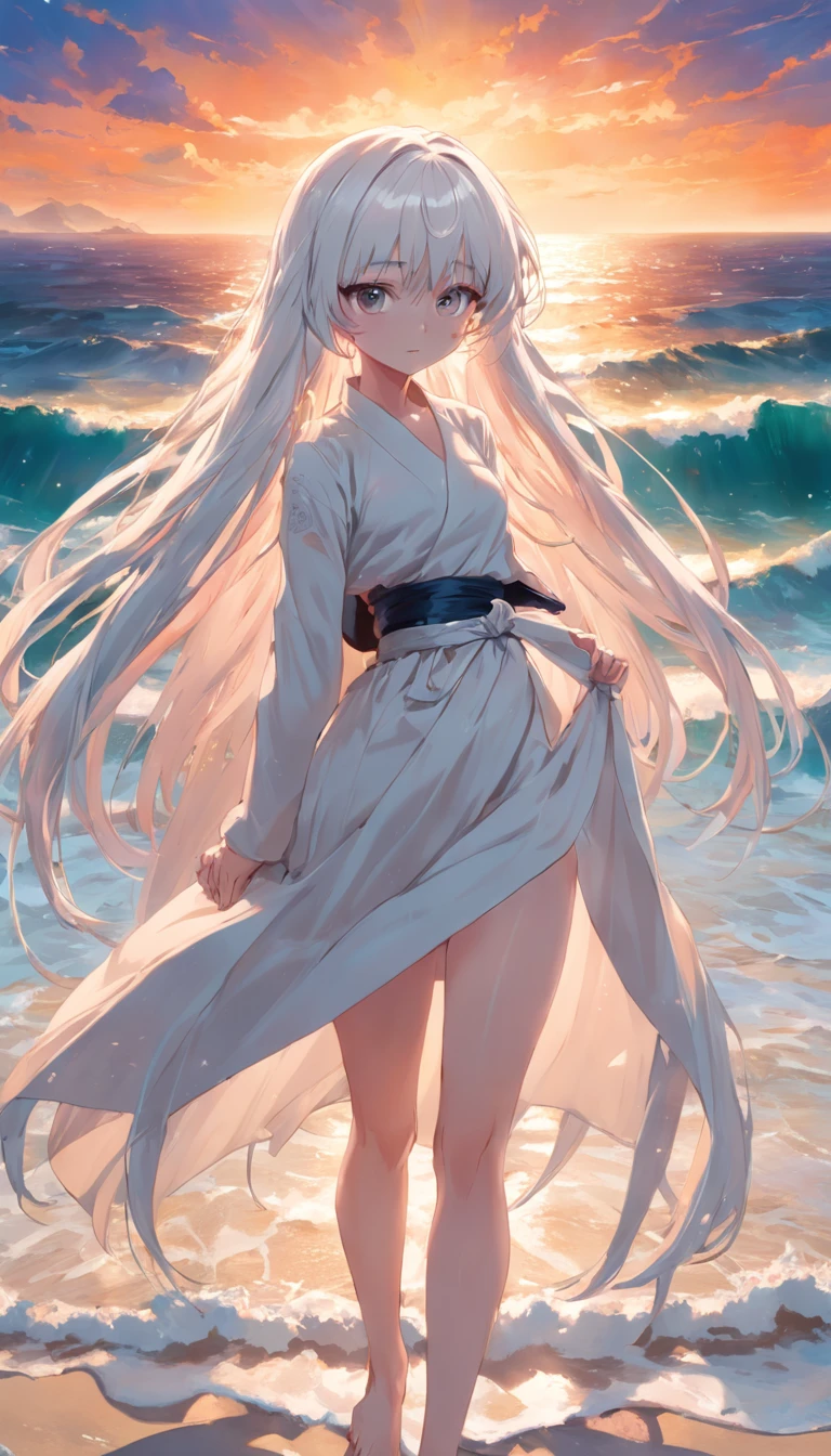beach，Look up，Long white hair，full bodyesbian, Electrical properties，long  skirt